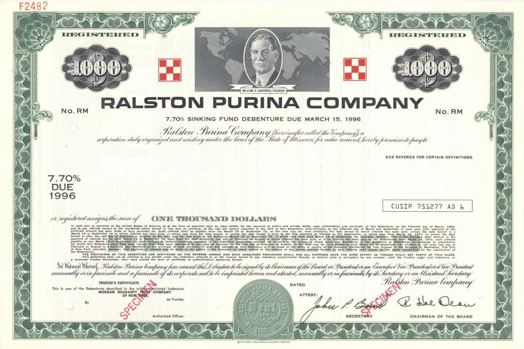 Ralston Purina Co. - 1894 $1,000 Specimen Bond - Specimen Stocks & Bonds