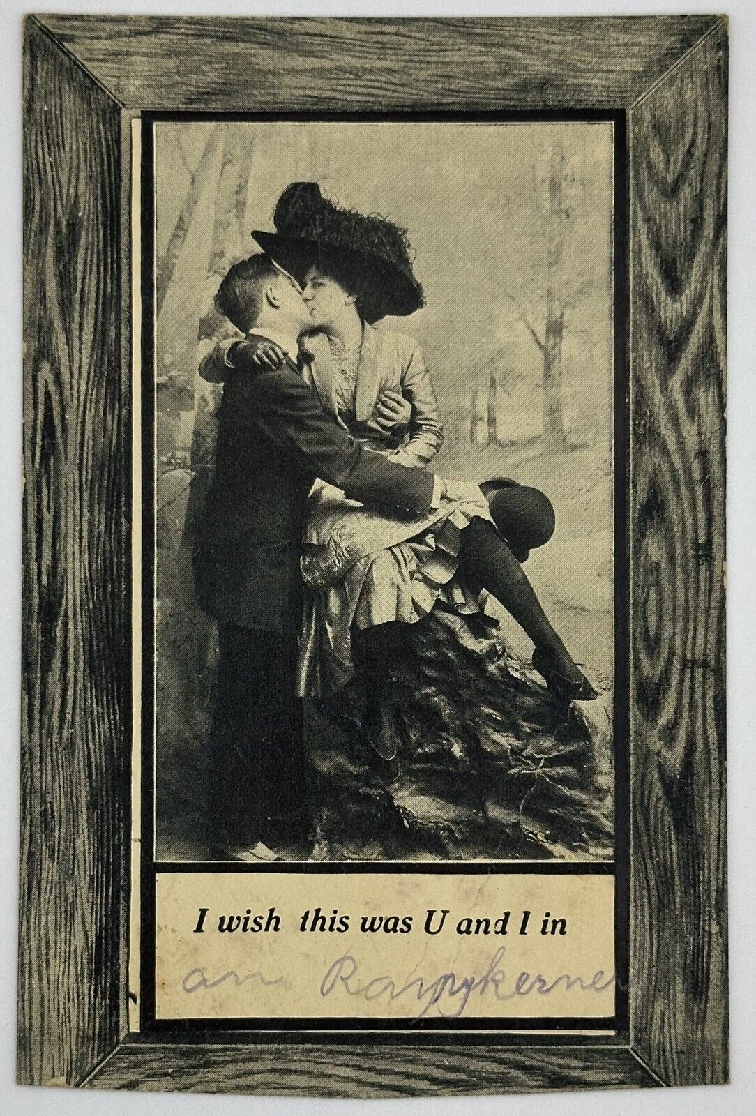 1907-1915 I Wish This Was U & I 💗Romance Postcard 💗Man Kisses Woman On Stump