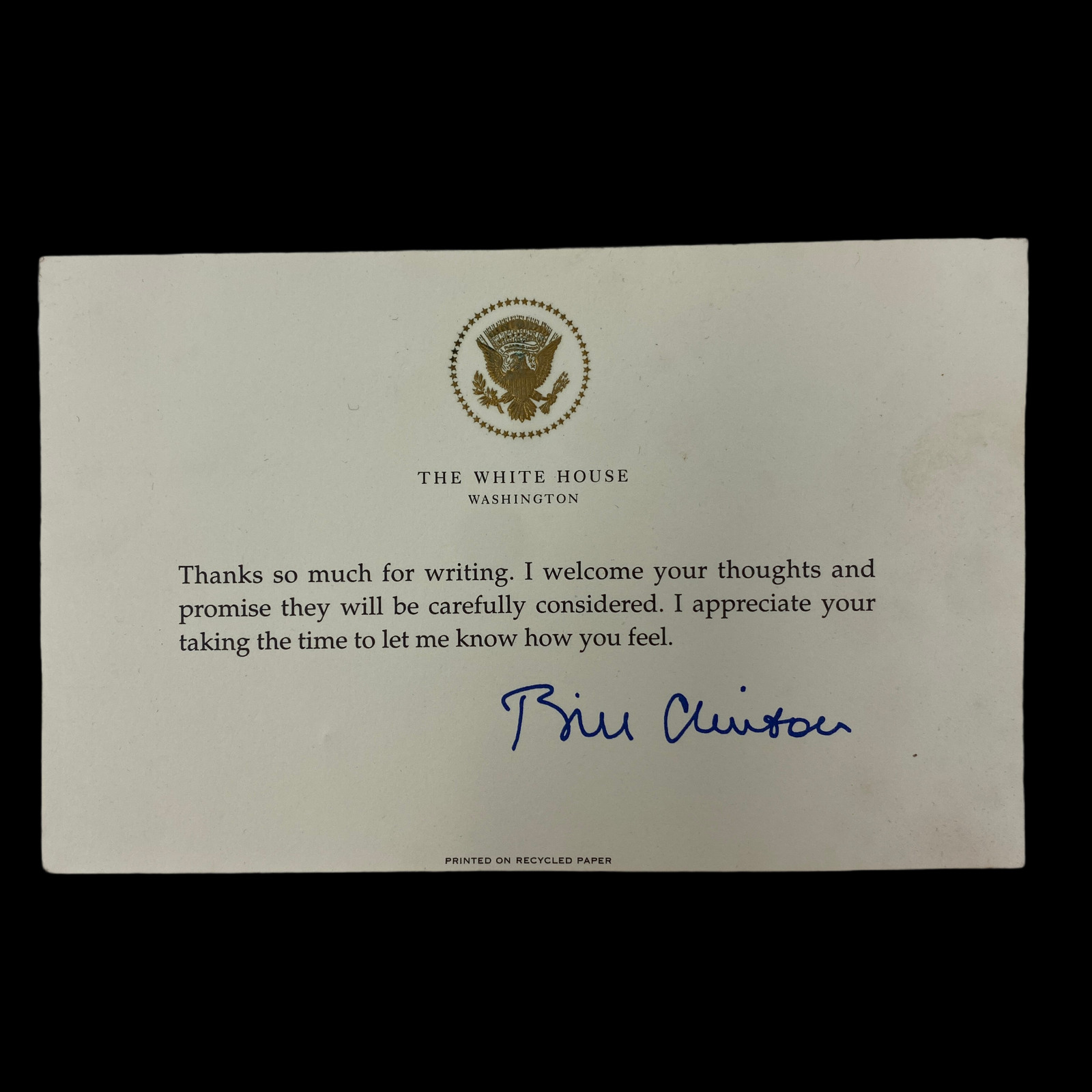 RARE Authentic Original White House Letter Note 42nd President Bill Clinton