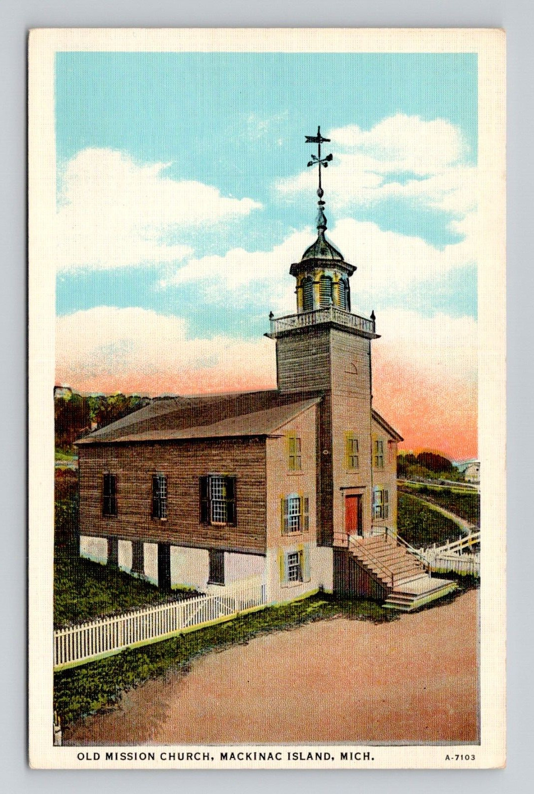 Postcard Old Mission Church Mackinac Island Michigan, Vintage Linen O2