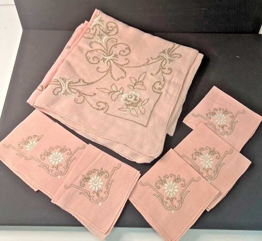 2 Vintage Square Pink Linen White Gray Embroidered Card Tablecloths w/ 6 Napkins
