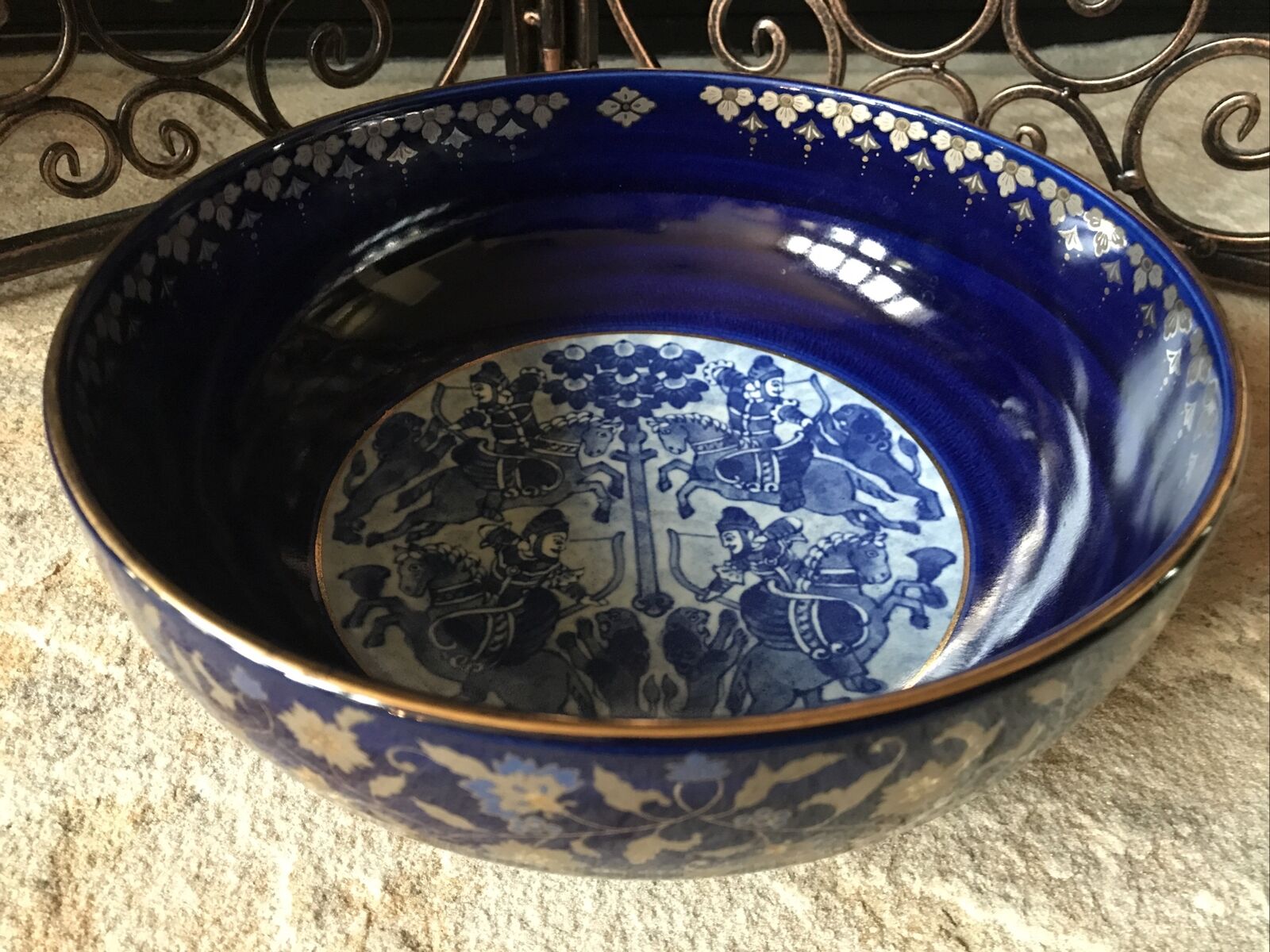 Japanese Porcelain Bowl Large Cobalt Blue And White Art Gold Gilded Marked Rare