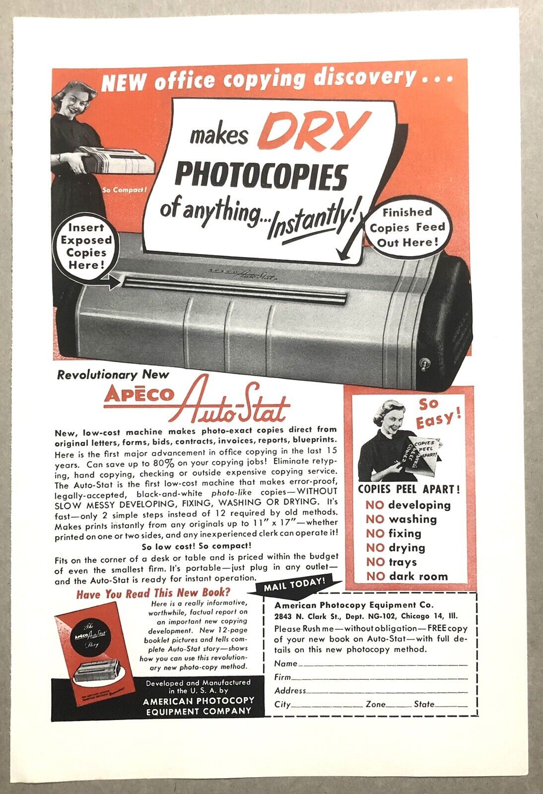 Vintage 1952 Original Print Ad Full Page - Apeco - Dry Photocopies