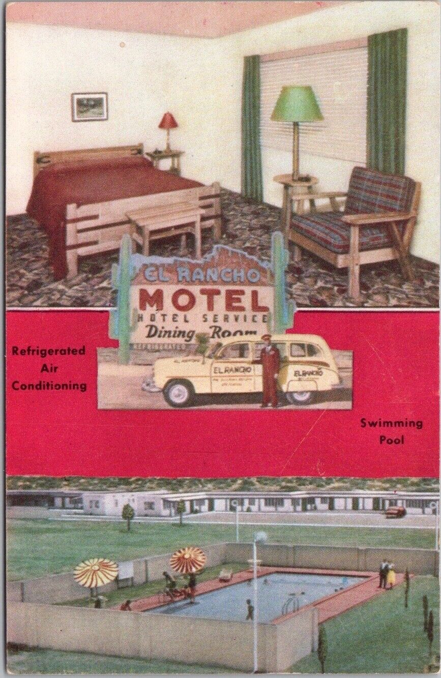 1950s EL PASO Texas Postcard EL RANCHO MOTEL Highway 62 Roadside / Kropp Chrome