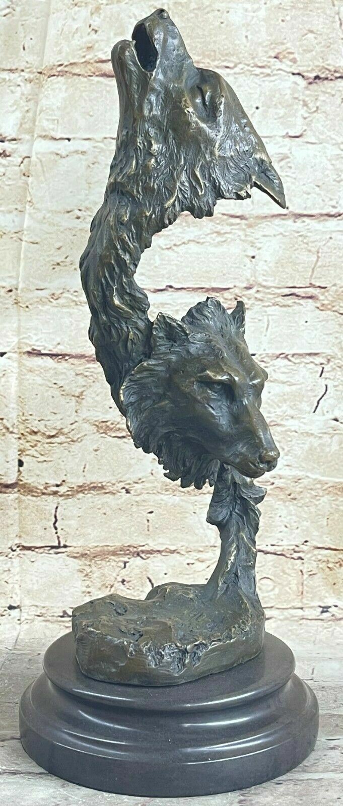 Handcrafted bronze sculpture Head two Wolf Wolves Original Artwork Signed Statue