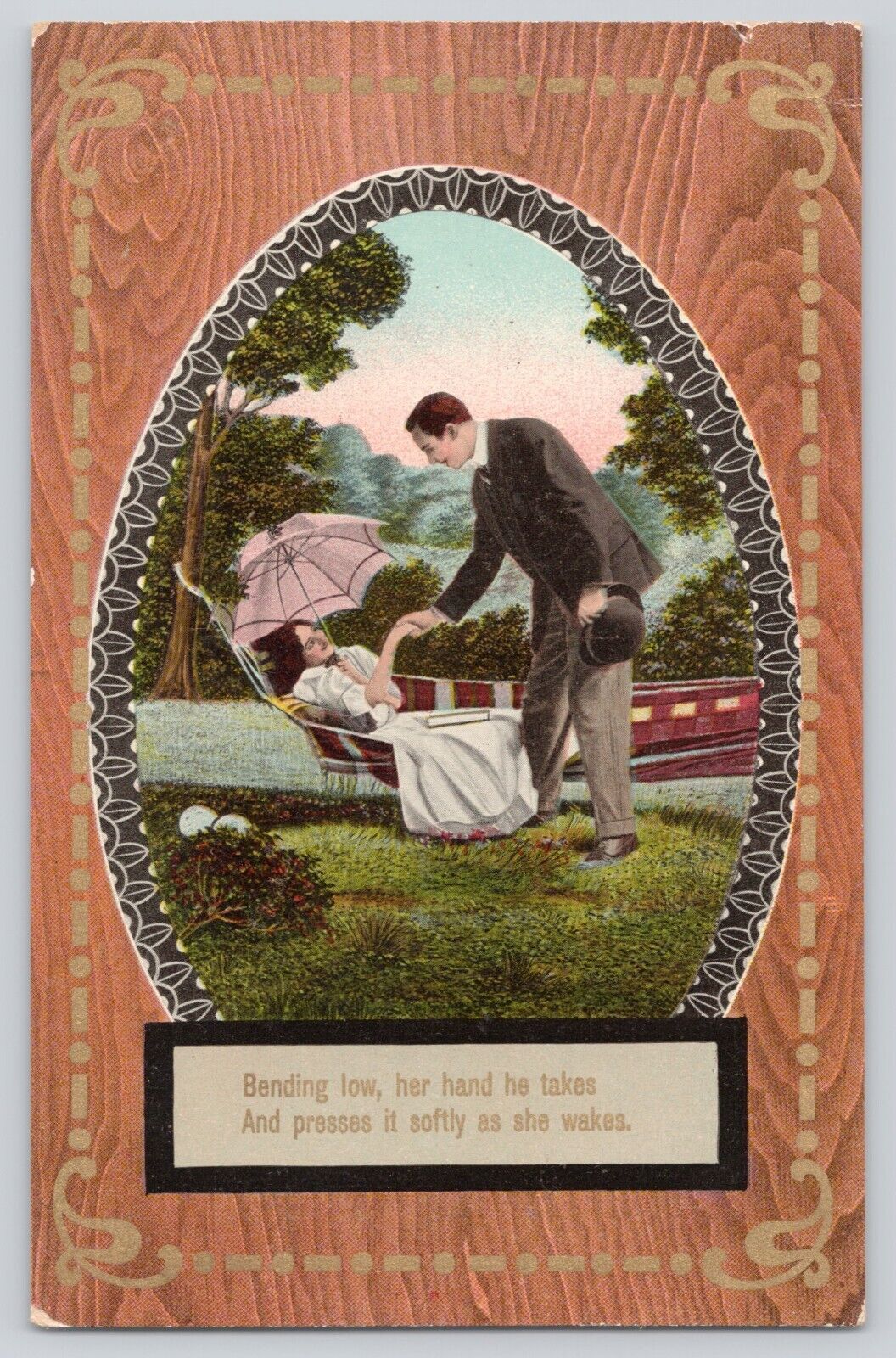 Postcard Romance Love Couple Hammack Umbrella Wood Grain Vintage Antique c1910