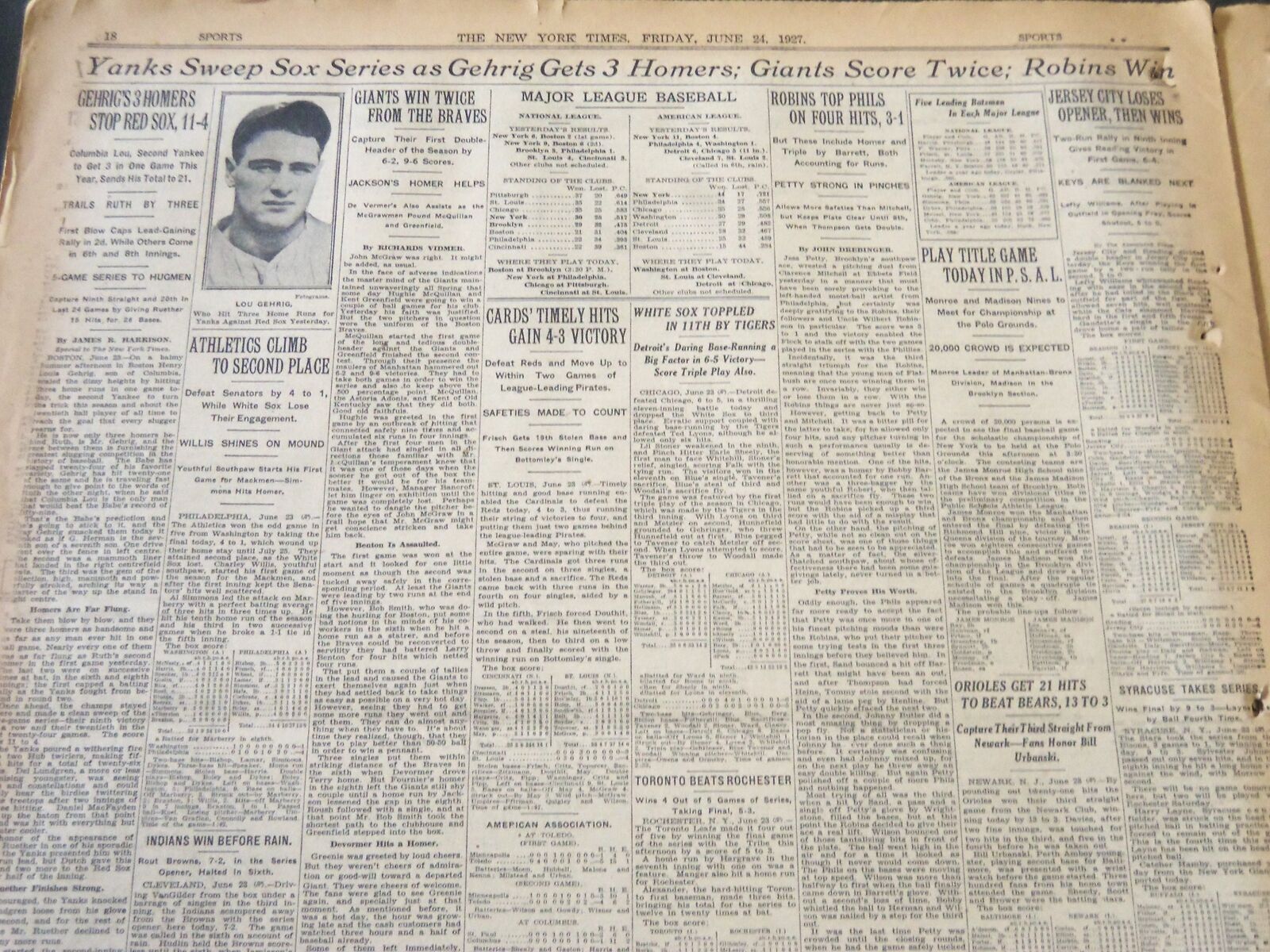 1927 JUNE 24 NEW YORK TIMES - GEHRIG'S 3 HOMERS STOP RED SOX - NT 6384