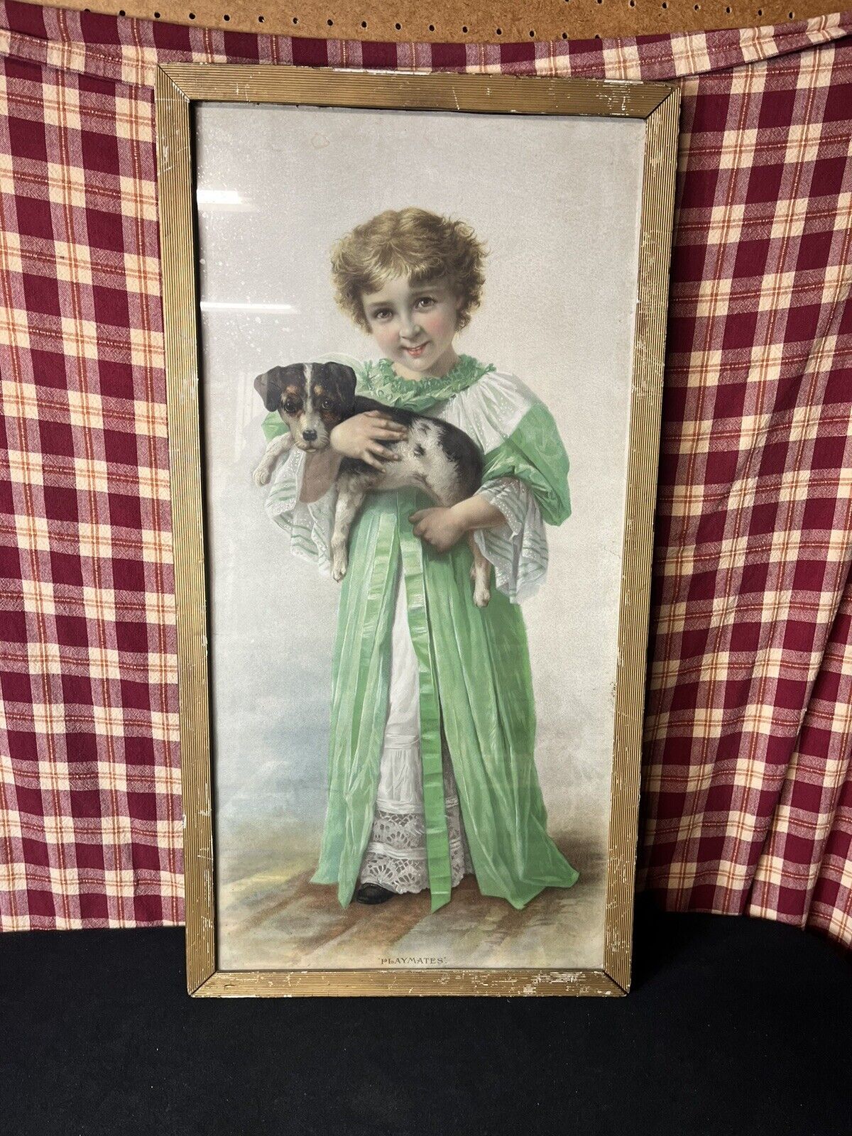 ATQ. 1895 WOOLSEN SPICE CO. LITHOGRAPH  PLAYMATES / GIRL with DOG 30 X 16