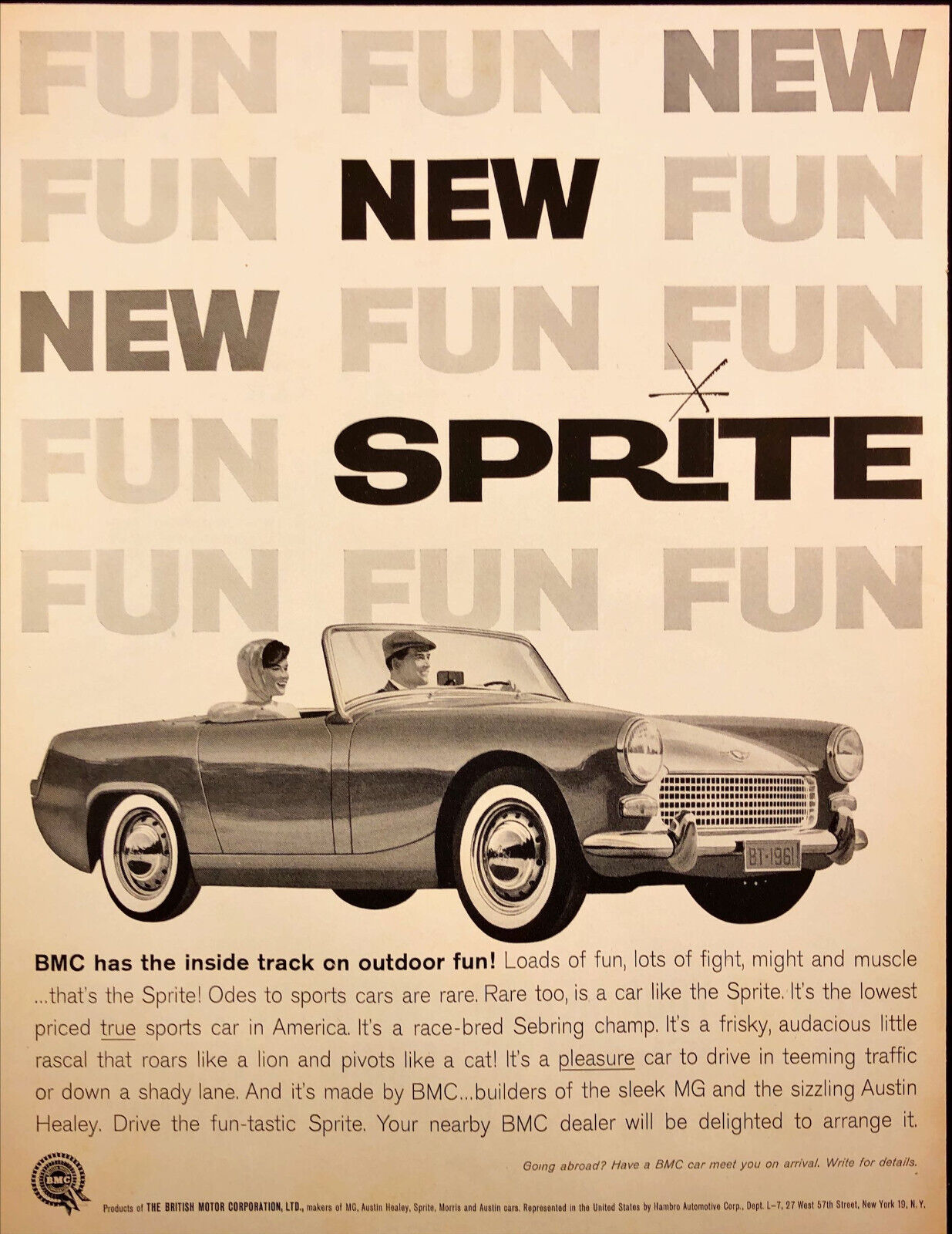 1961 BMC Sprite Convertible Print Ad Couple Driving Sebring Champ