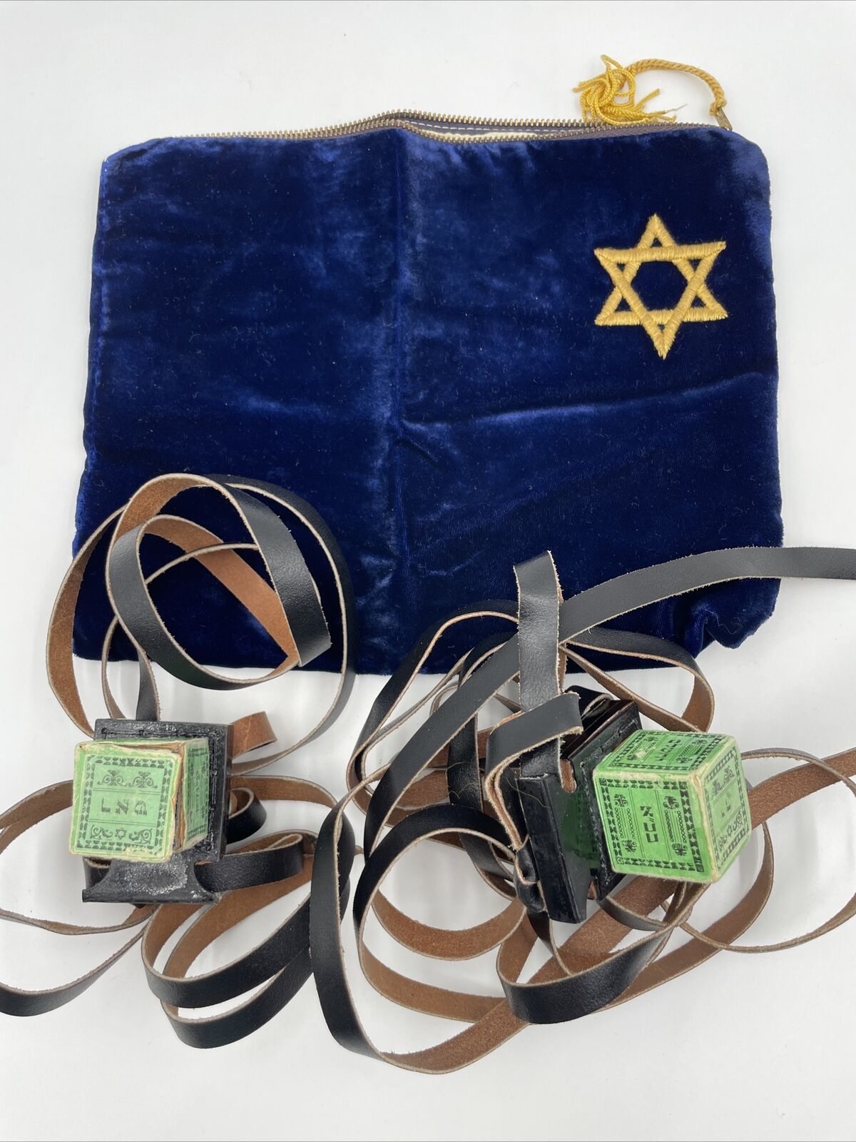 Vintage Jewish Leather Tefillin with Embroidered Velvet Zippered Cloth Bag