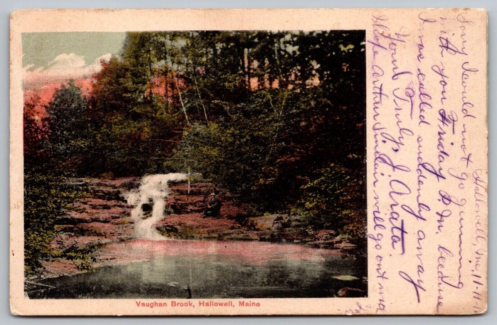Vaughan Brook Hallowell Maine Forest Waterfall Creek WOB ME Vintage PM Postcard