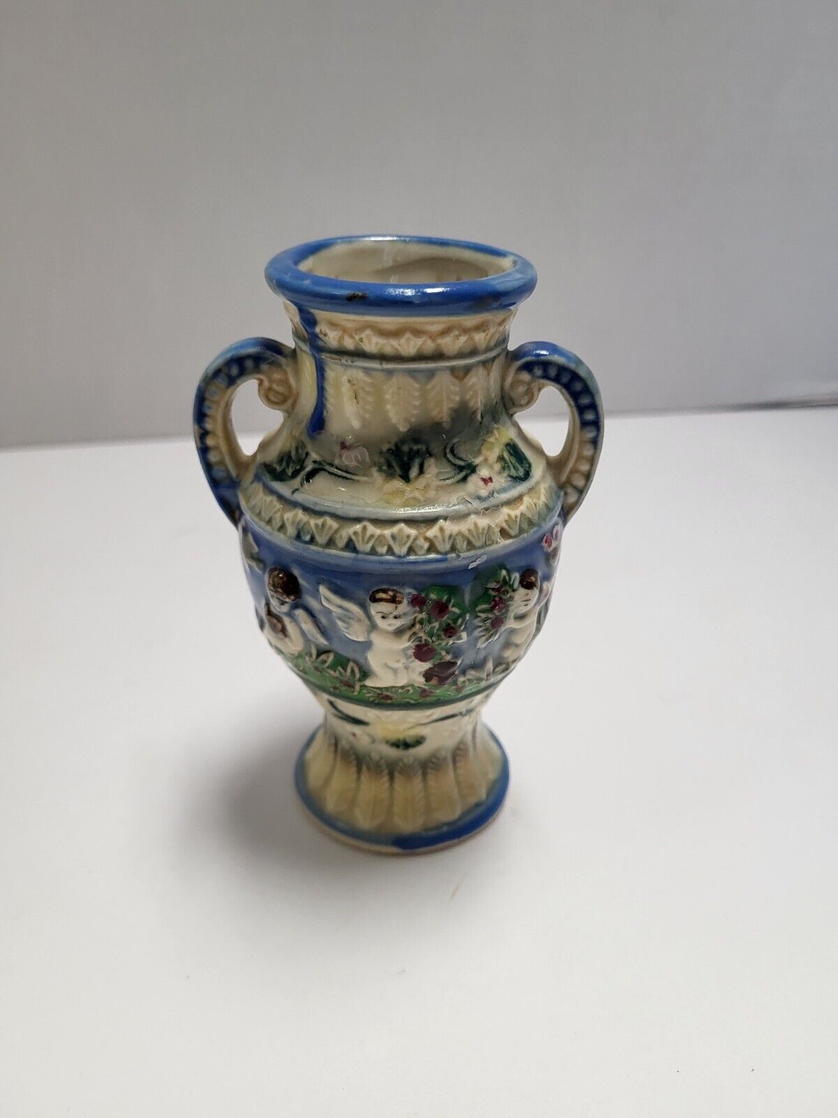 Vintage Japanese Majolica Hand Painted Mid Century Vase Angels Myths