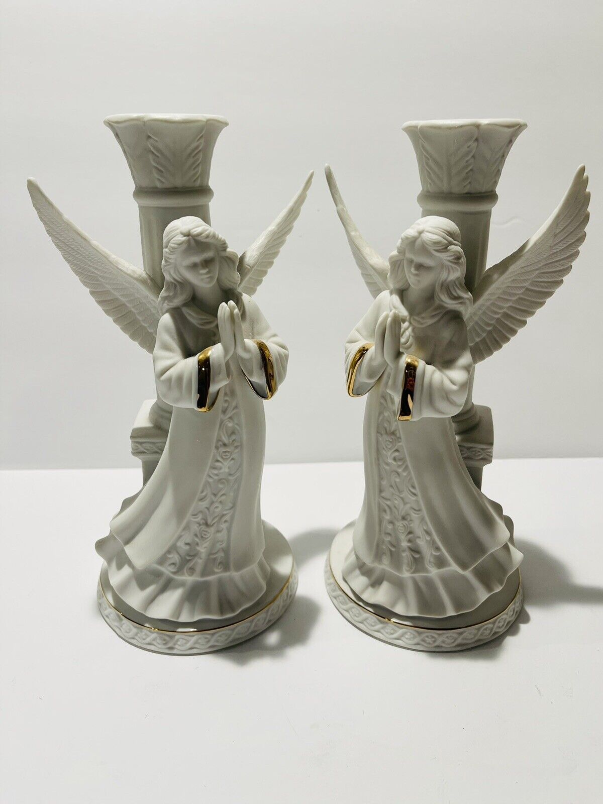 HOMCO ANGEL ADORATION CANDLE HOLDERS Porcelain MASTERPIECE 2 PC 10” T NEW IN BOX