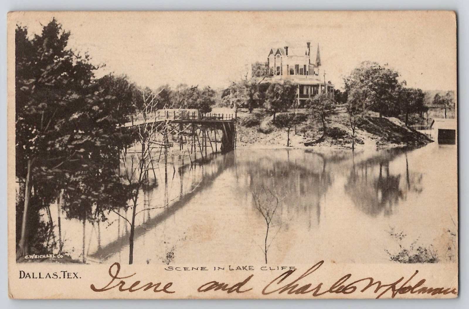 1906 Oak Cliff Dallas, Lake Cliff Amusement Park Bridge Antique Vtg Postcard