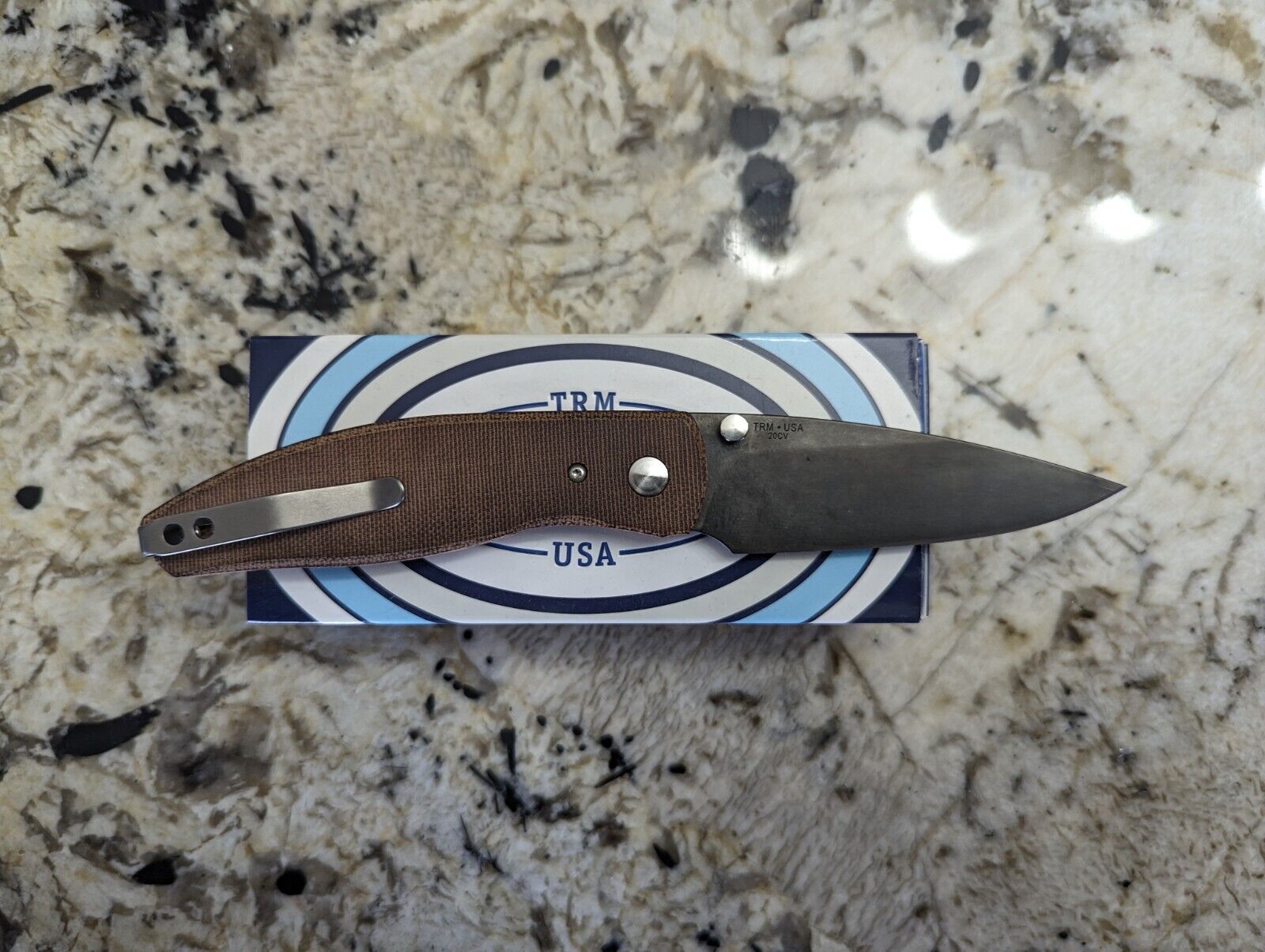 Three Rivers Manufacturing TRM Atom 20cv knife DLC blade micarta handle