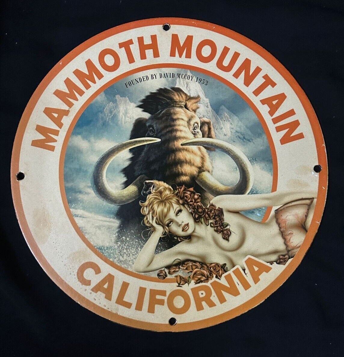 1953 VINTAGE MAMMOTH MOUNTAIN CALIFORNIA USA PINUP PORCELAIN ENAMEL GARAGE SIGN