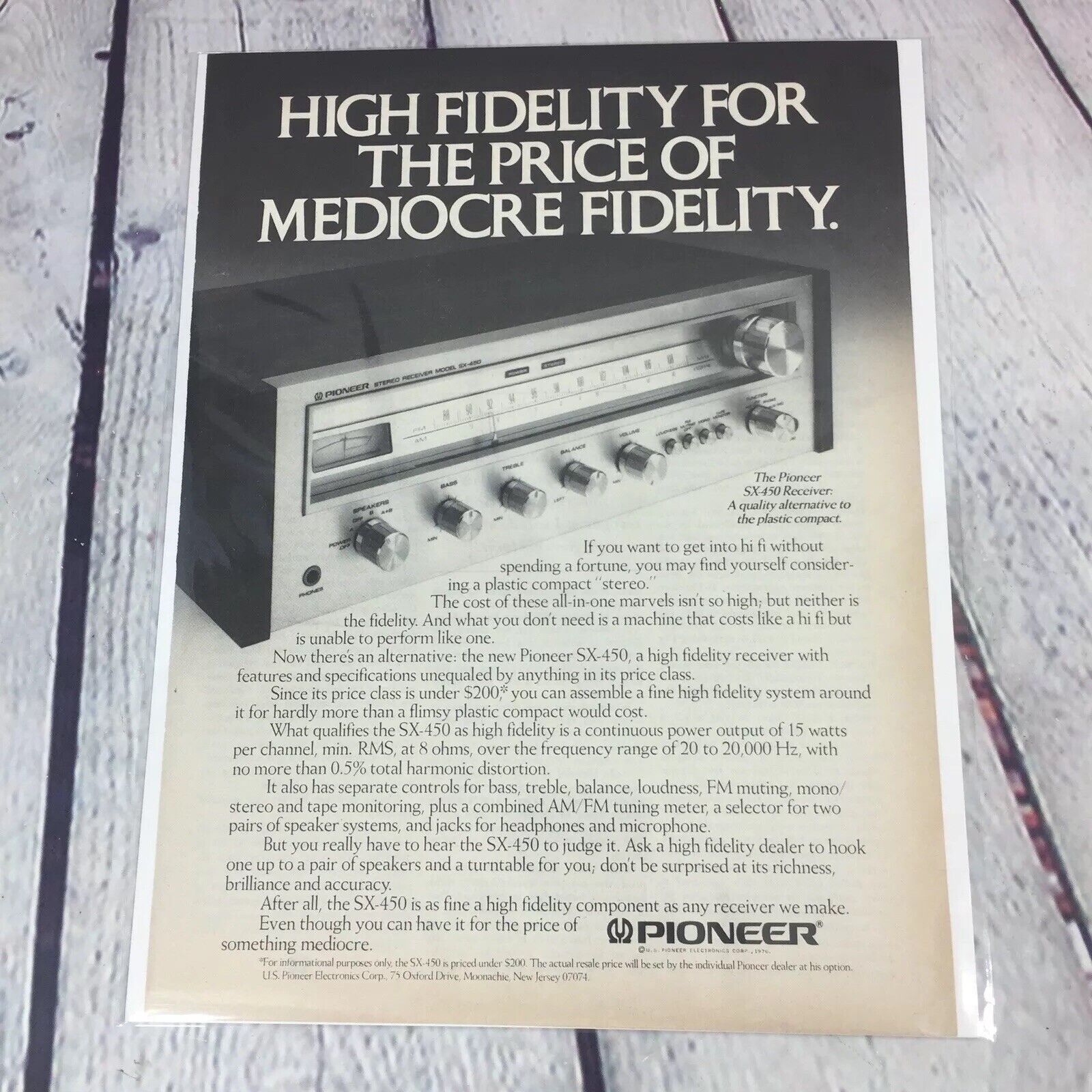 Vintage 1976 Pioneer SX-450 Receiver Print Ad Genuine Magazine Advertisement