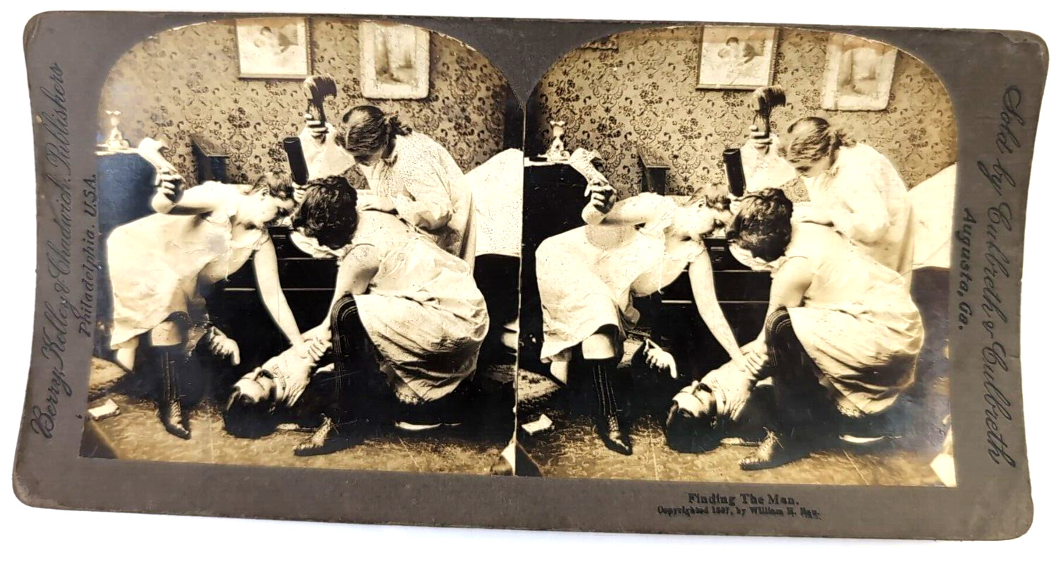 Vintage Stereograph Stereo View Stereoscope Card 1897, Find the Man, Racy