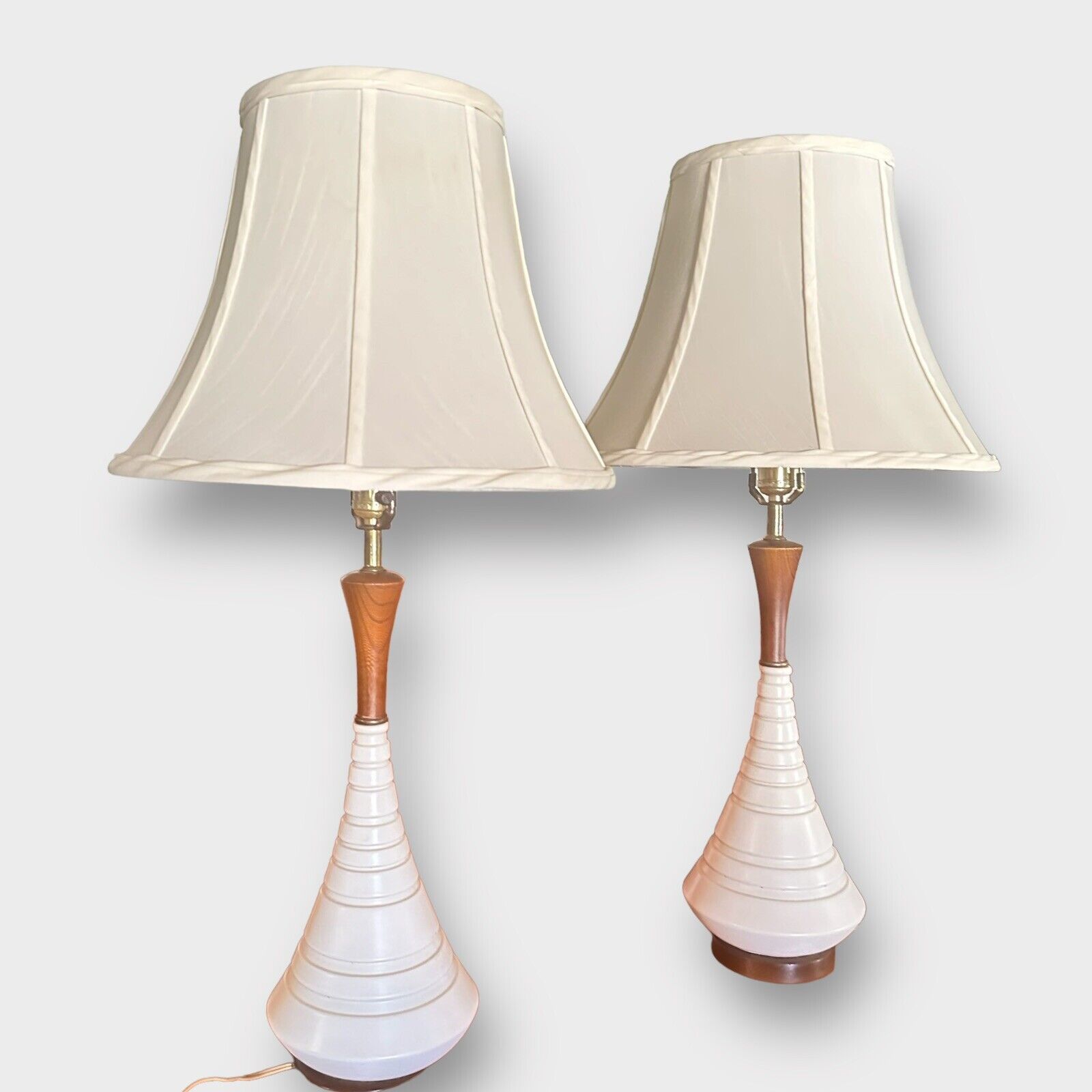 Vintage 1960s Mid Century Modern Table Lamps Creamy White Ceramic With Wood Neck
