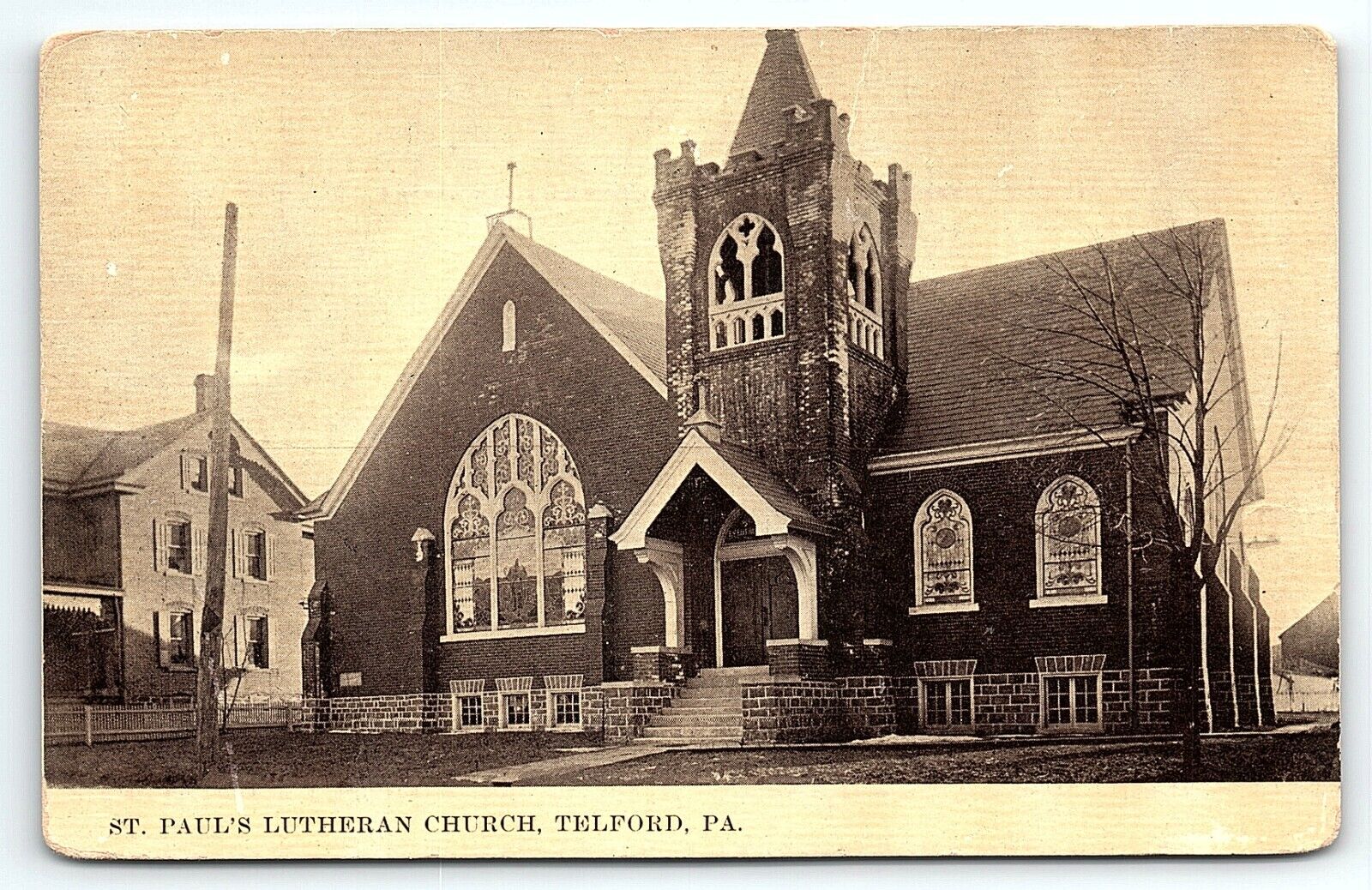 c1910 TELFORD PA ST. PAUL'S LUTHERAN CHURCH STREET VIEW EARLY POSTCARD P3984