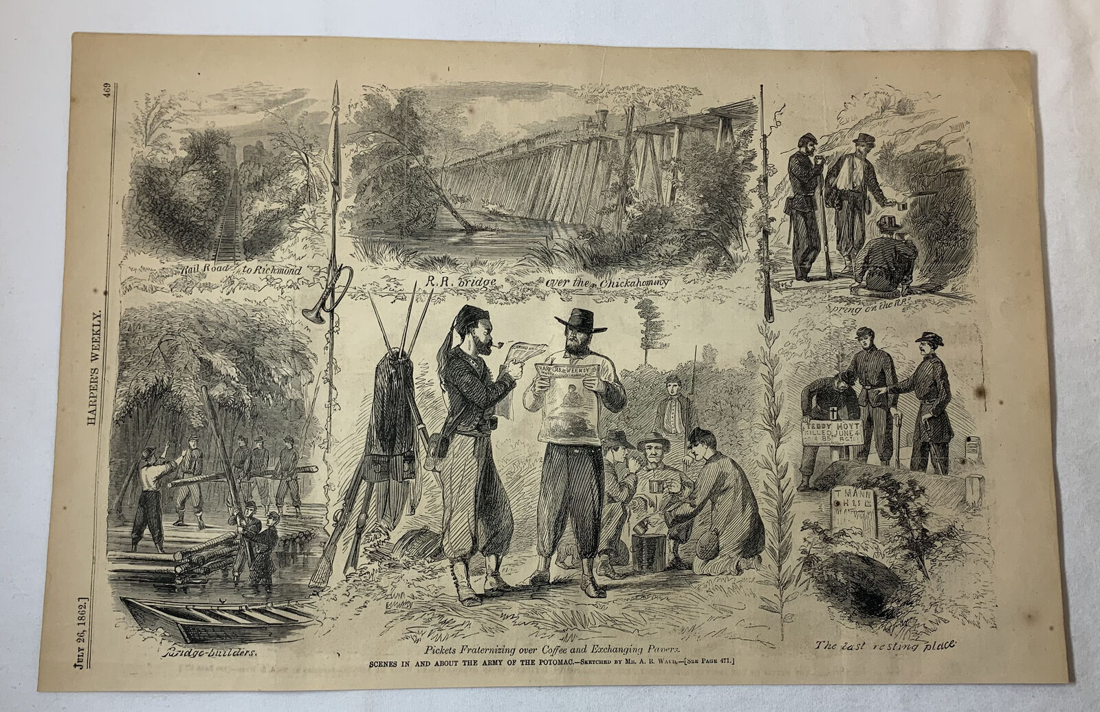 1862 magazine engraving~ POTOMAC ARMY SCENES / BEAVER CREEK; HARRISON\'S LANDING