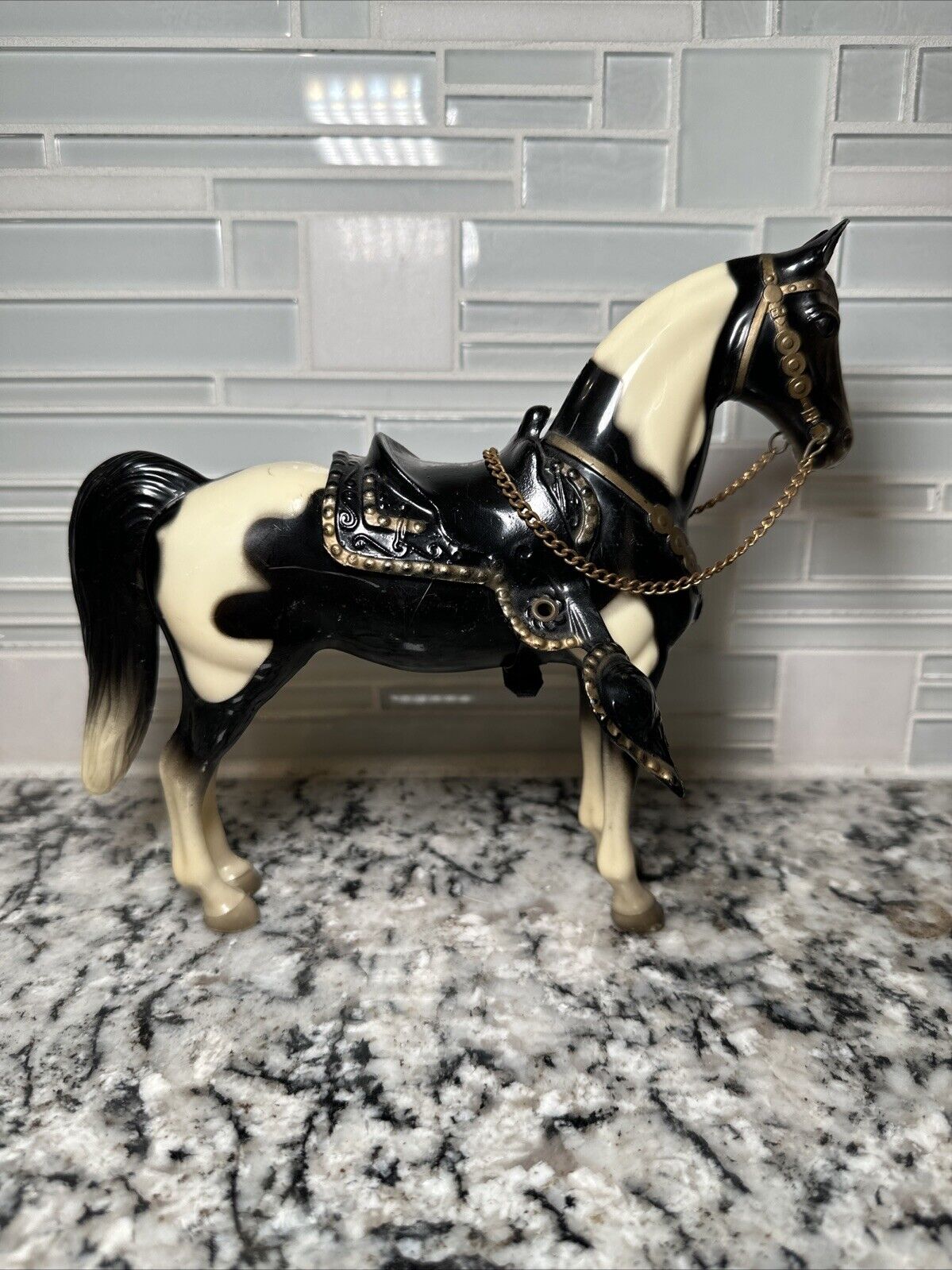 Breyer #41 Western Black White Pinto Horse with Chain Reins 7” (No stamp)