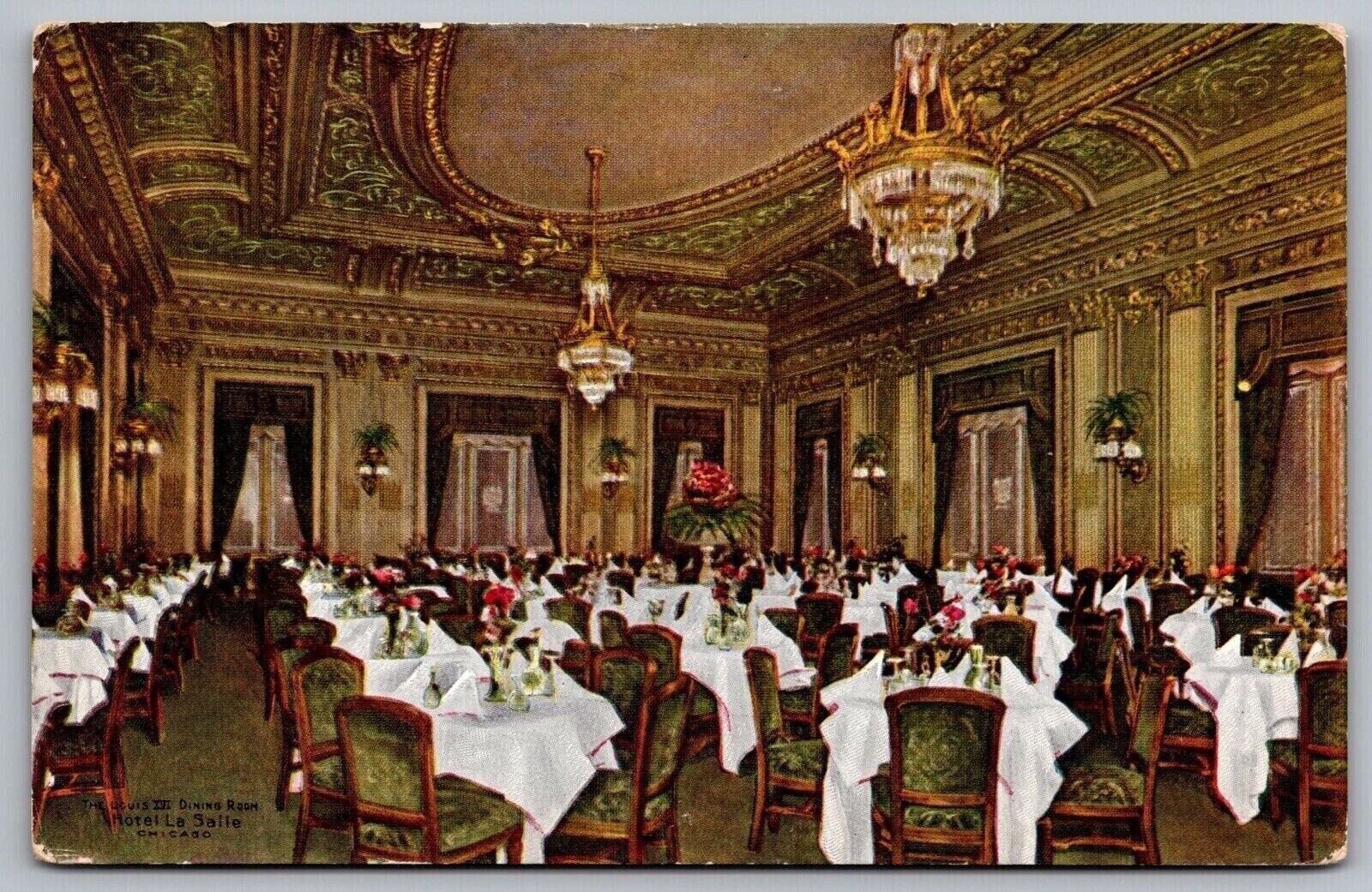 Hotel La Saile Chicago Illinois Dining Room Chandelier Interior Vintage Postcard
