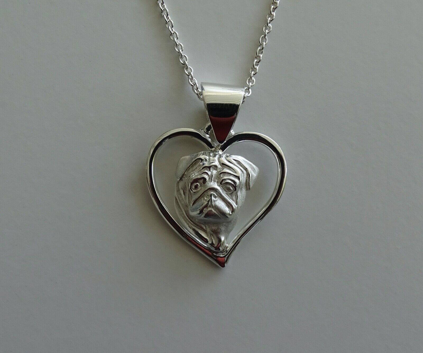 Small Sterling Silver Pug Head Study On A Heart Pendant