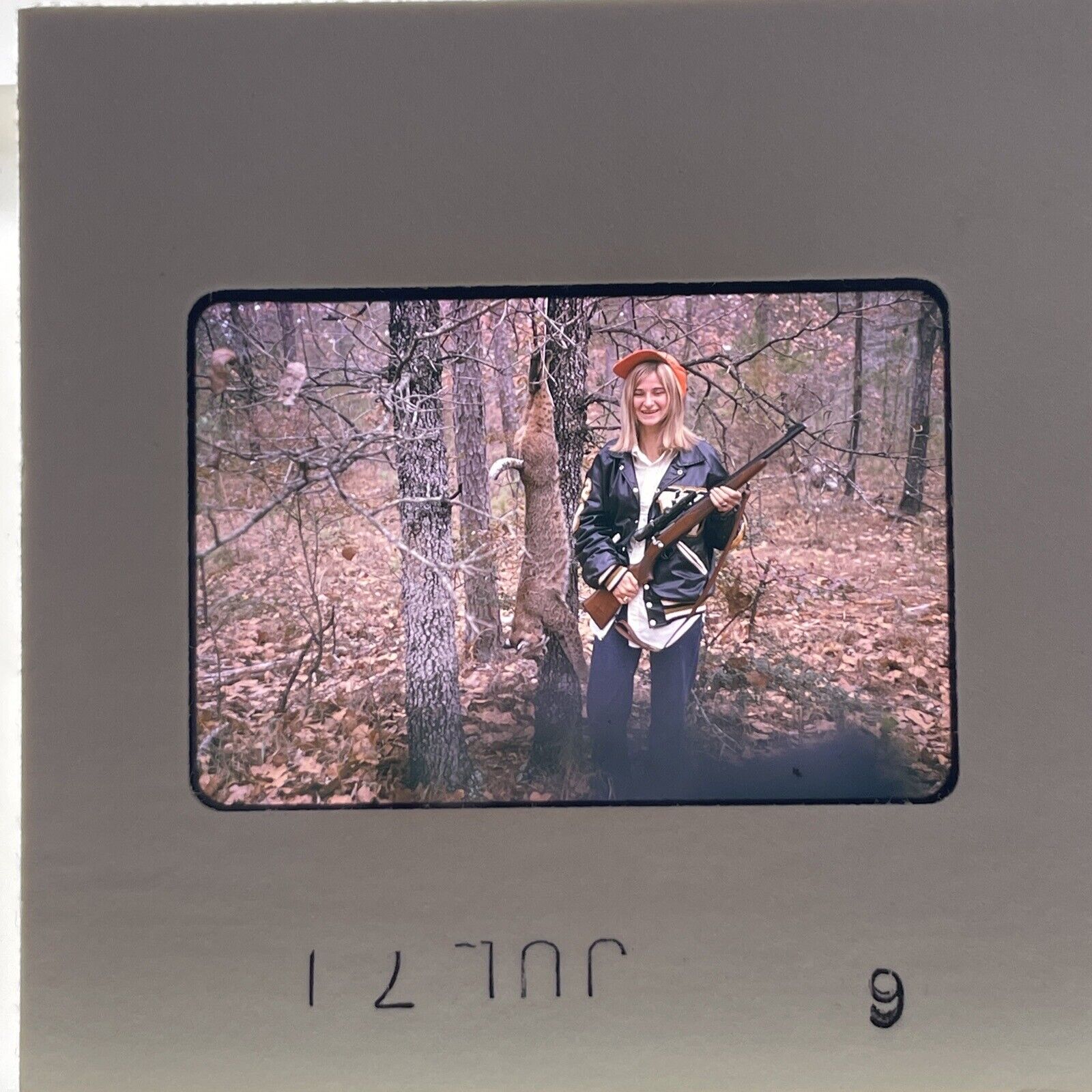 35mm Slide Young Woman Holding Hunting Rifle 1971 Color Photo Slide