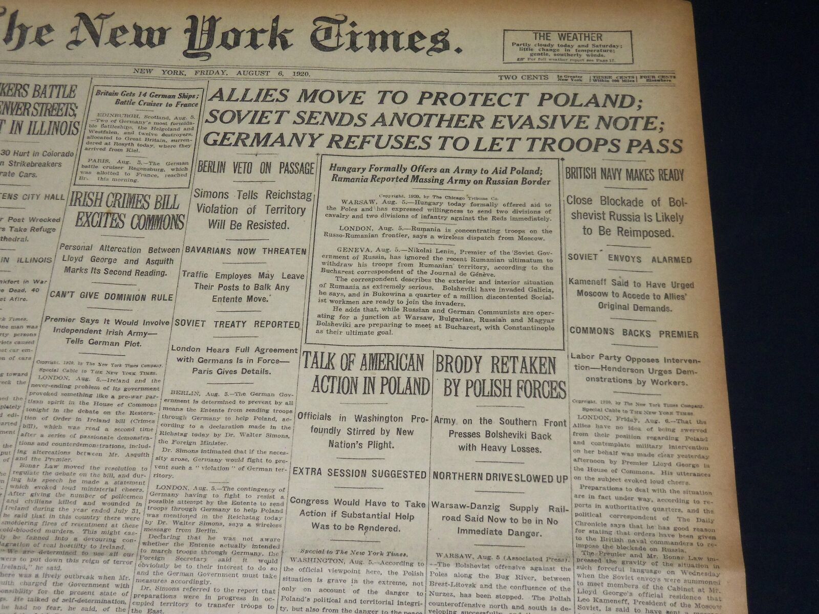 1920 AUGUST 20 NEW YORK TIMES - ALLIES MOVE TO PROTECT POLAND - NT 8543