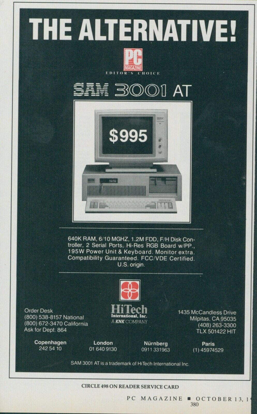 1987 SAM 3001 AT PC Personal Computere HiTech International Milpitas CA Ad PC2