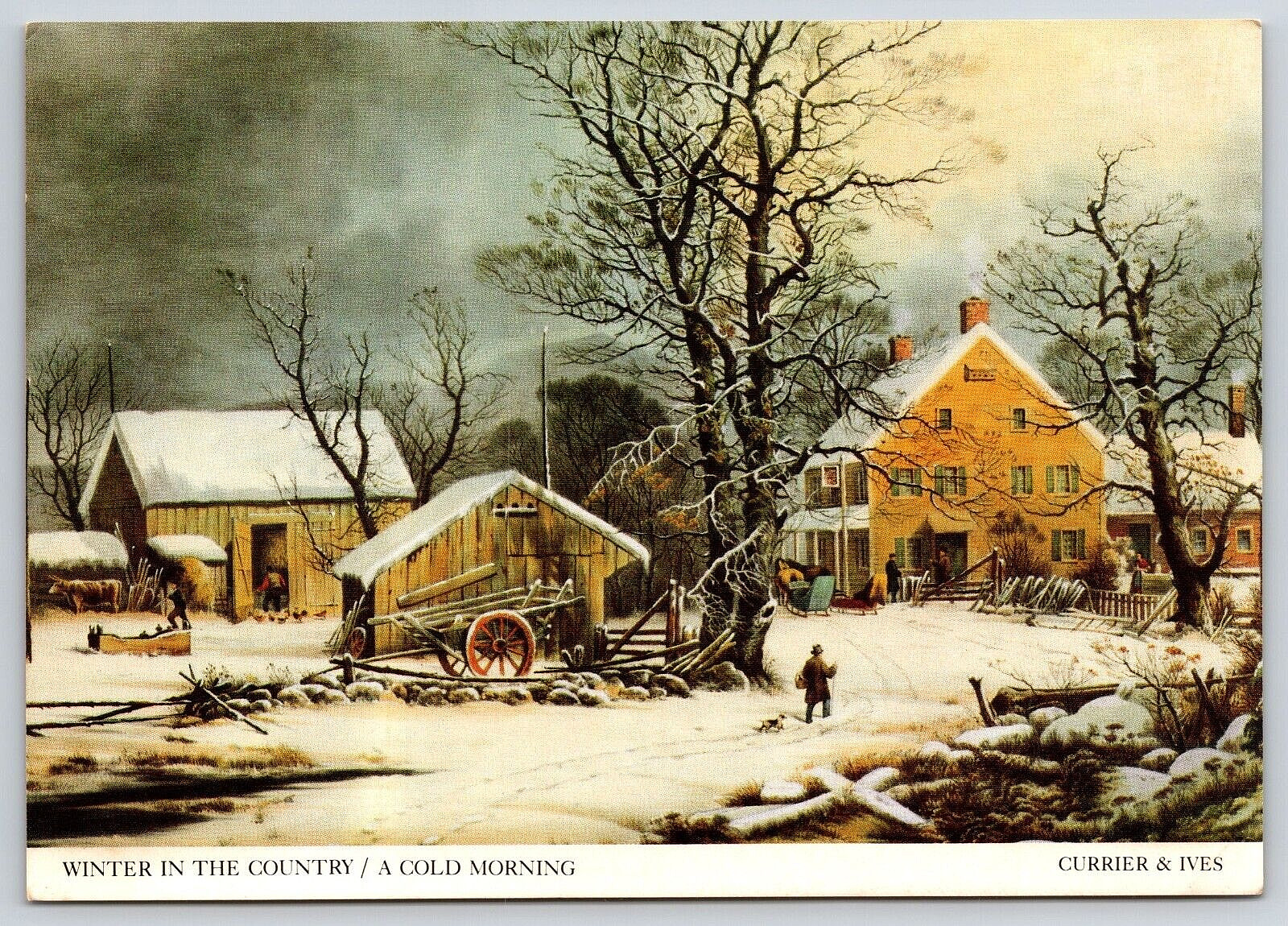 Vintage Antique Postcard Currier & Ives Winter In The Country A Cold Morning