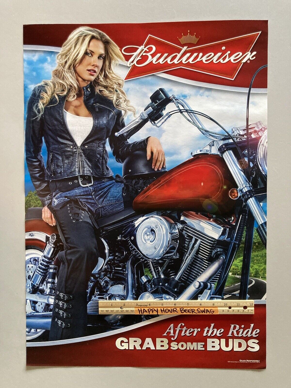 ✅ NOS Budweiser Motorcycle Paper Poster Bar Sign Girl Model Bud Harley Davidson