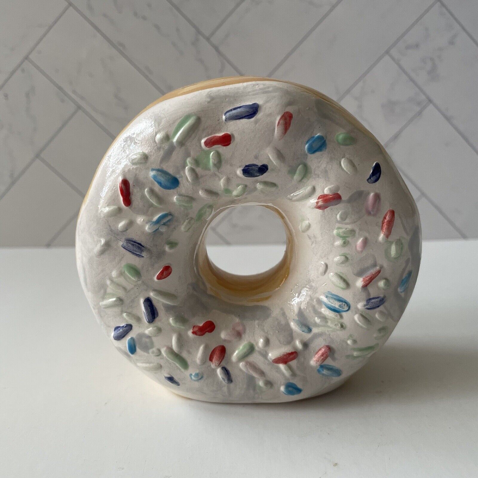 White Glazed Donut with Sprinkles 3.5” Diameter Ceramic Coin Saving Bank