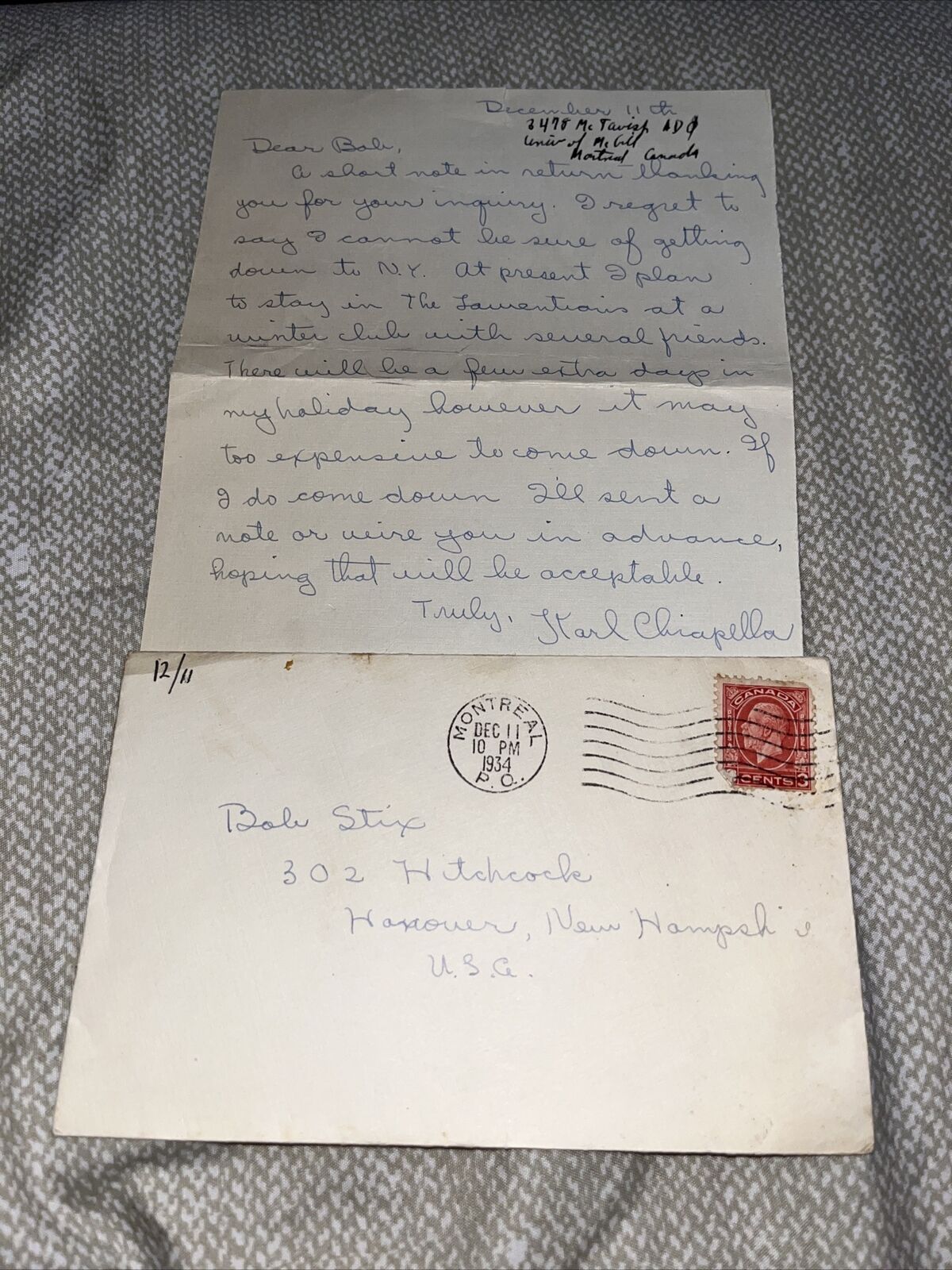 1934 Depression Era Student Letter from McGill University to Dartmouth College