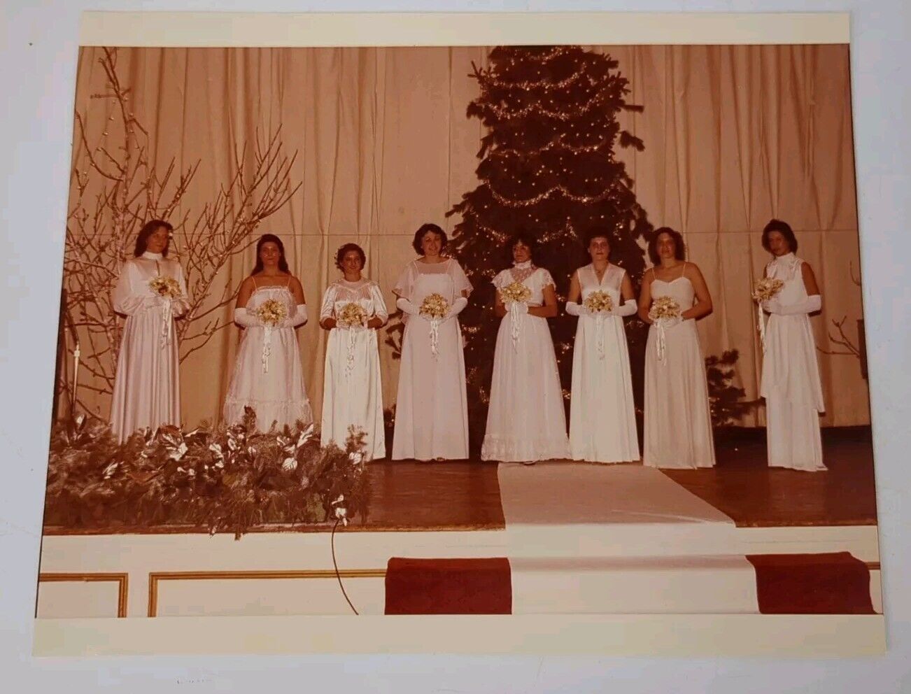 Vintage 1970s Found Photograph Original Photo Wedding Bridesmaids Christmas Tree