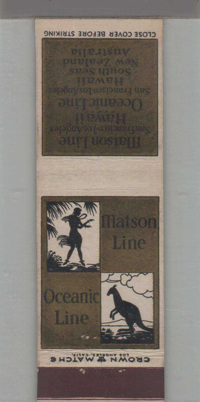 Matchbook Cover - Territory of Hawaii Hawaii Oceanic Line Matson Line HI