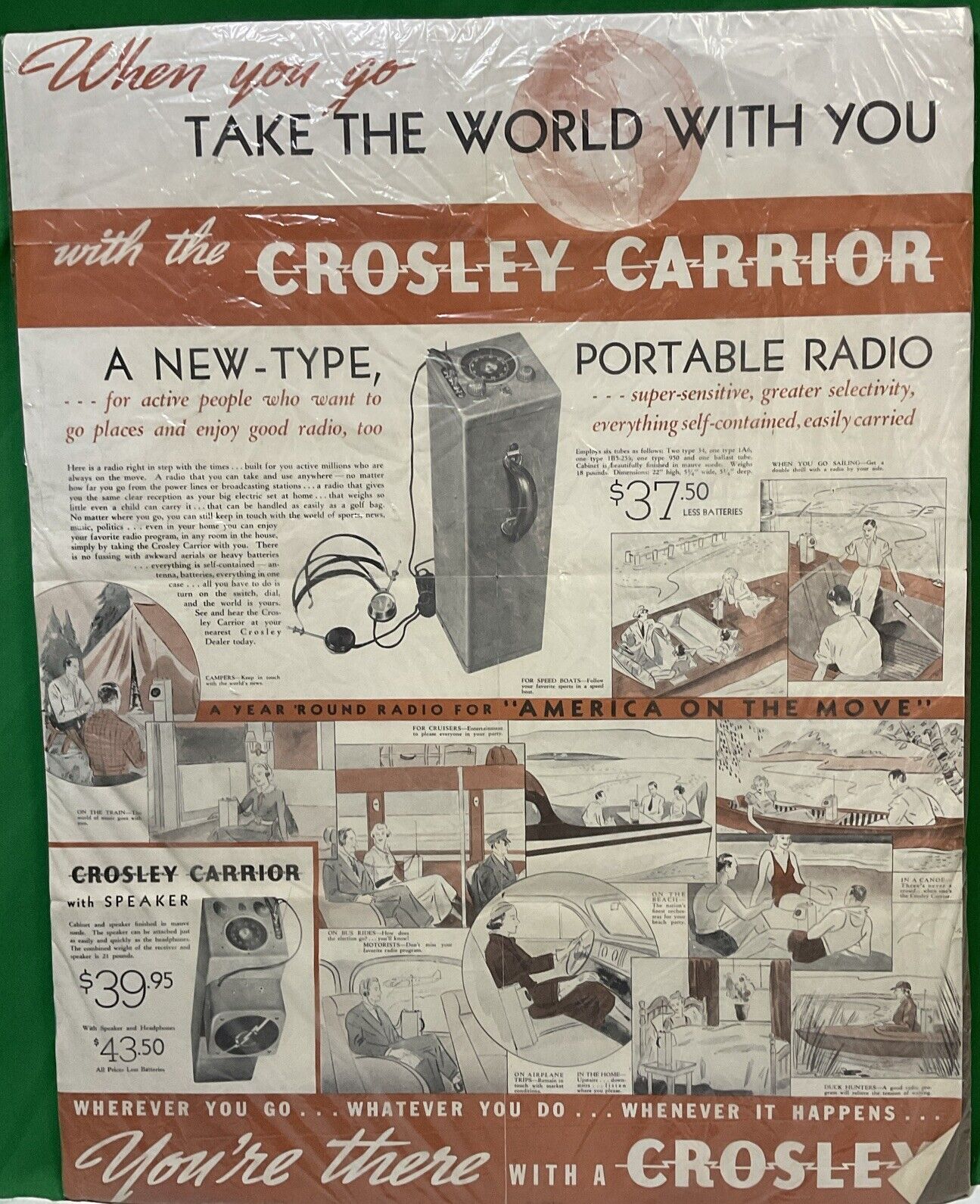 Vintage Crosley Carrior Radio Poster 19” X 24”