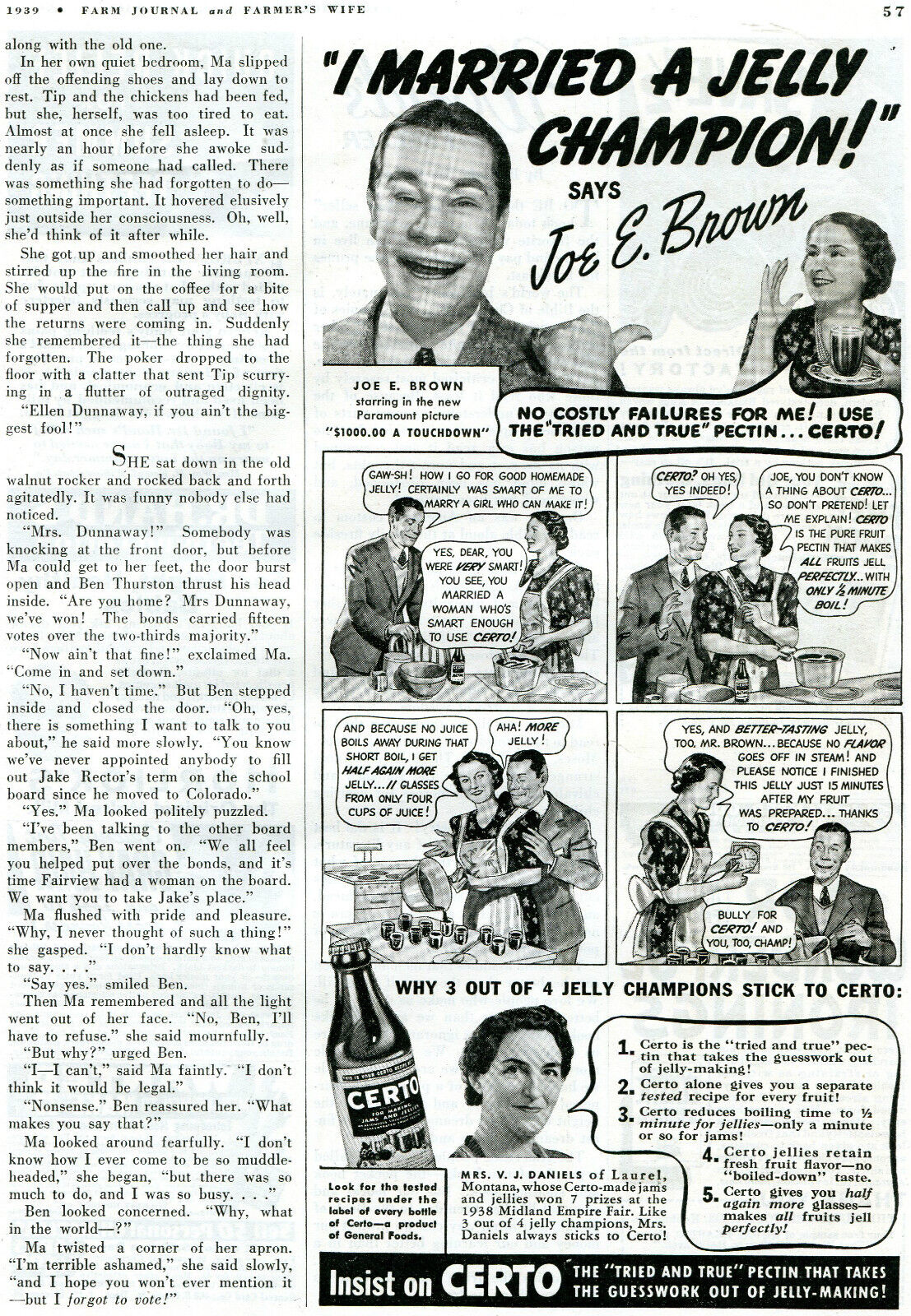 1939 Print Ad of Certo Pectin Jam & Jelly w Joe E Brown 