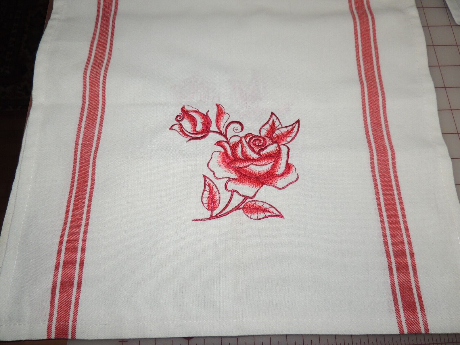 embrodered dish towels RED set with stripes