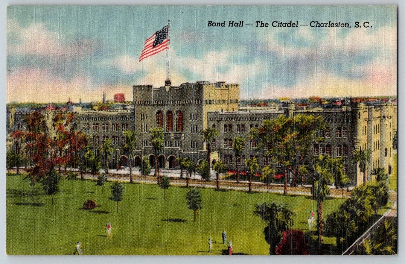 Linen Postcard~ Bond Hall Citadel~ Military College~ Charleston, South Carolina