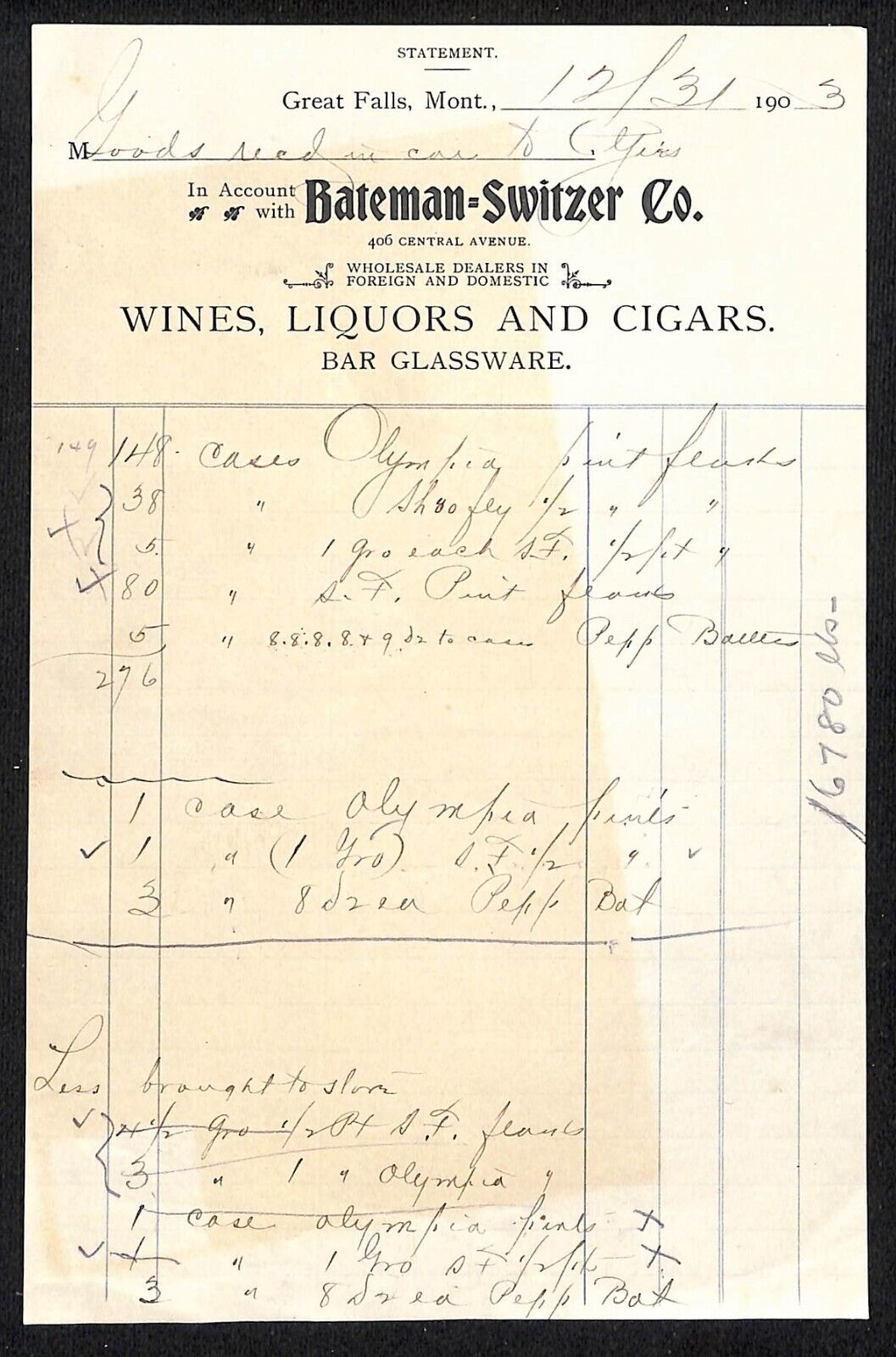 Great Falls, MT Bateman-Switzer Co. Wines Liquors Cigars 1903 Billhead Statement