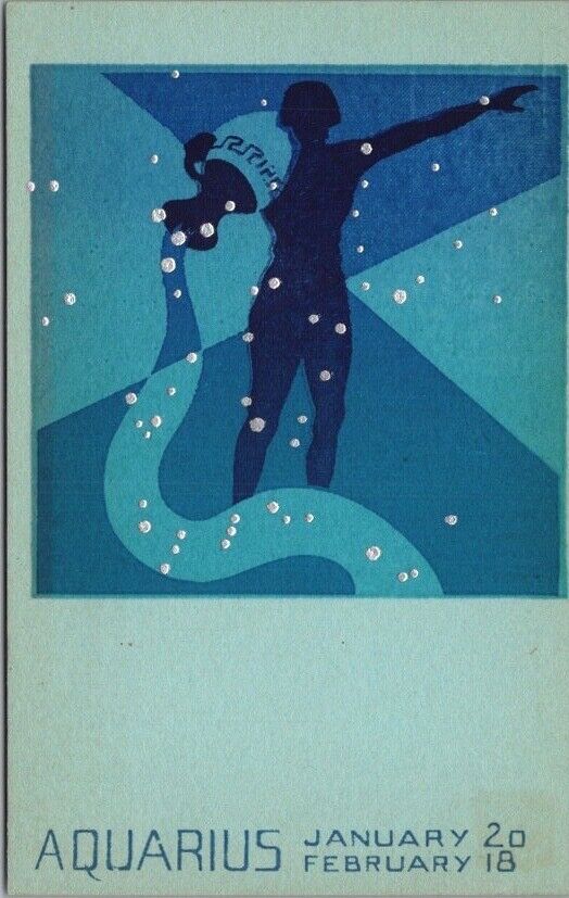 Vintage AQUARIUS Zodiac Birthday Greetings Postcard Sheehan Screen-Printed Card