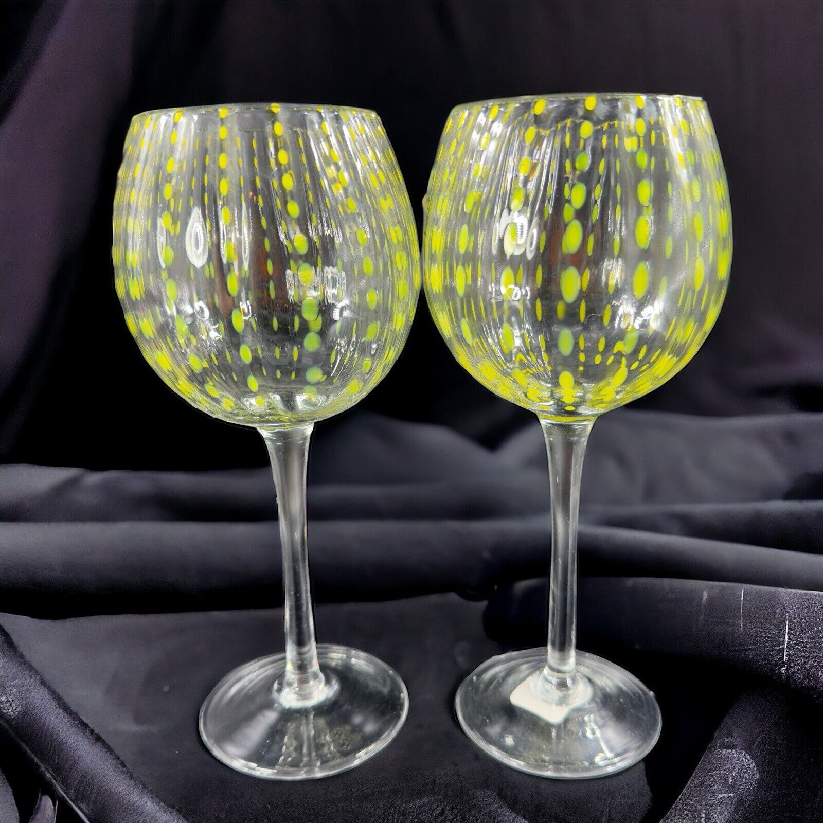 ANTHROPOLOGIE Art Glass Balloon Top Goblet Drinking Glasses Set 2 Yellow Spots