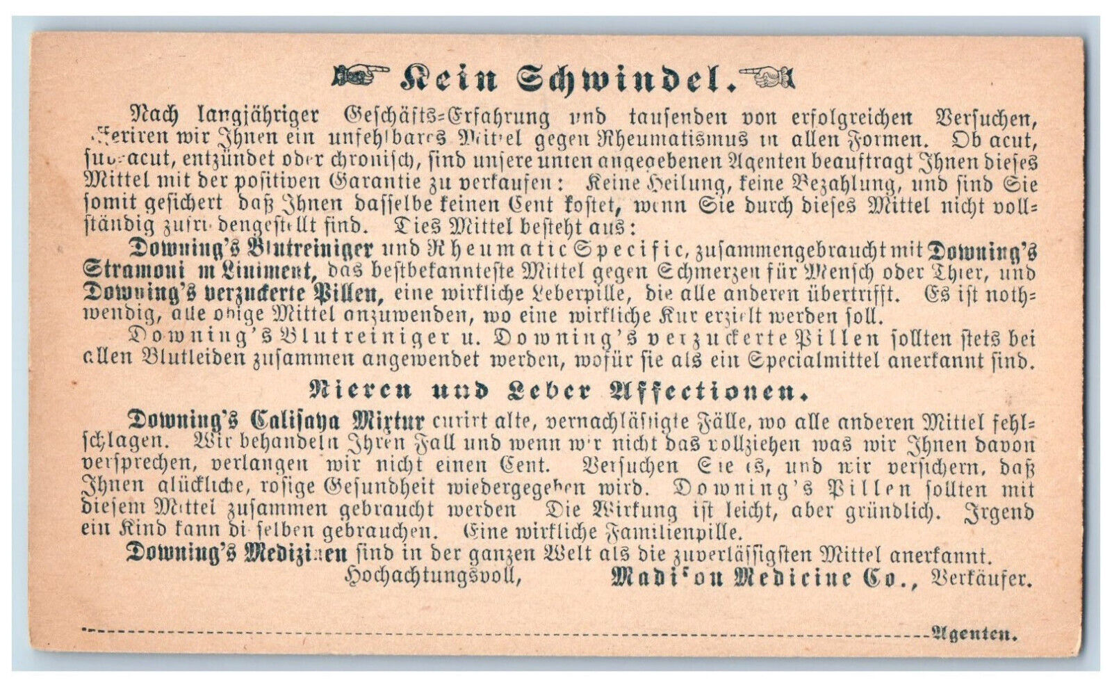 Postal Card Rein Schwindel Madison Medicine Co. Kidney Liver Affections c1905