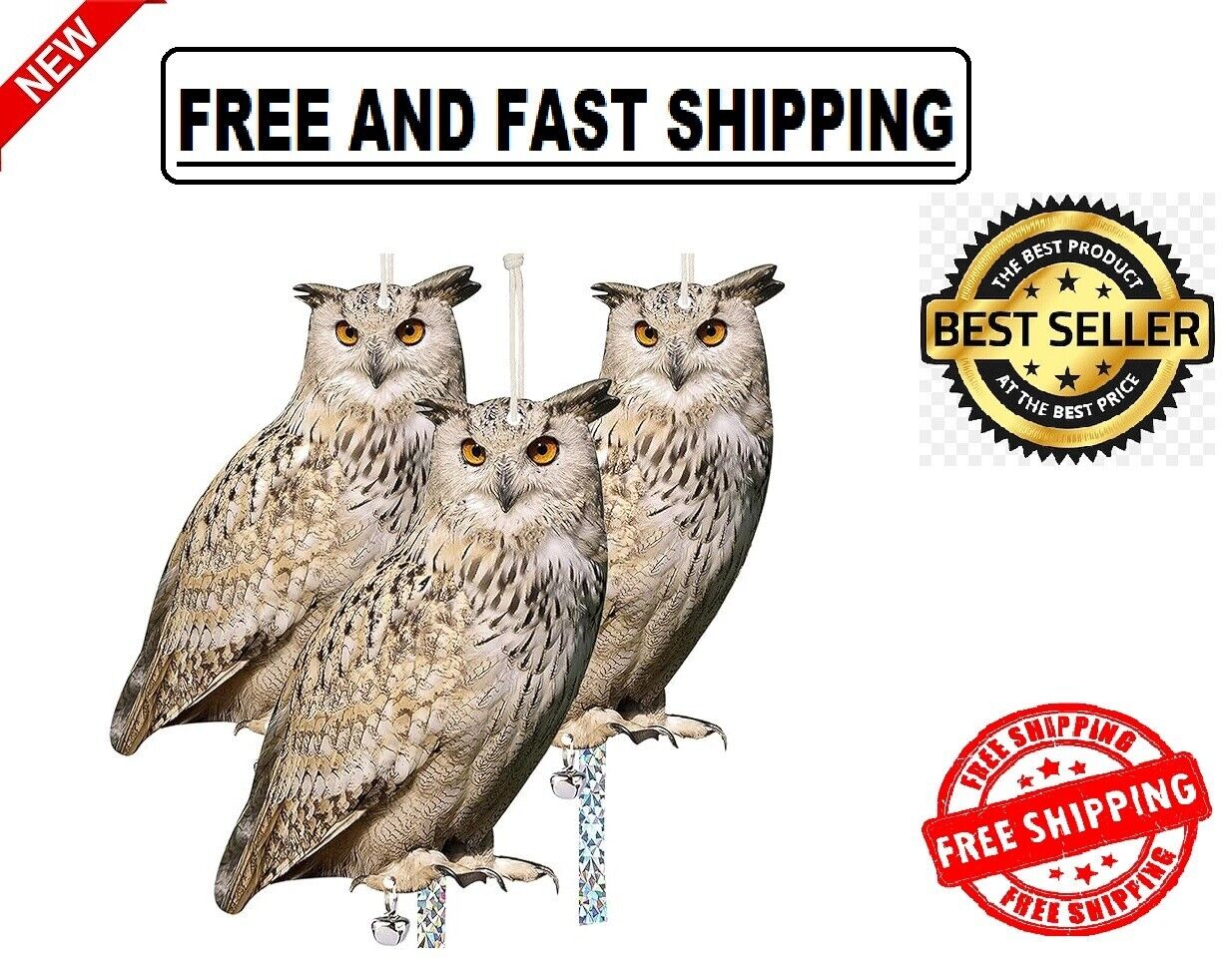 Kungfu Mall Owl to Keep Birds Away, 3 Pack Bird Scare Owl Fake Owl, Reflective H