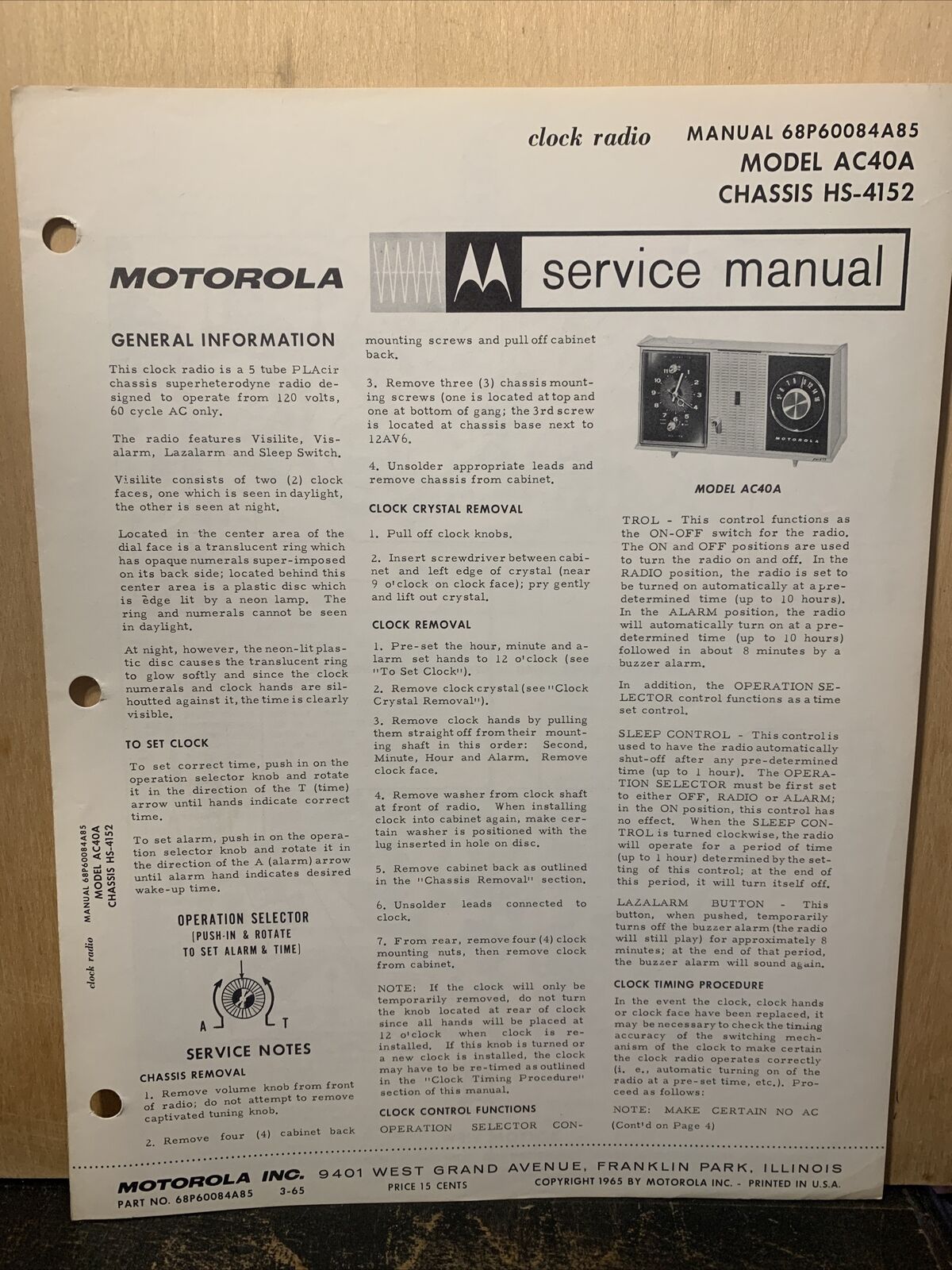 Motorola Service Manual For Model AC40A -schematics, Parts List.