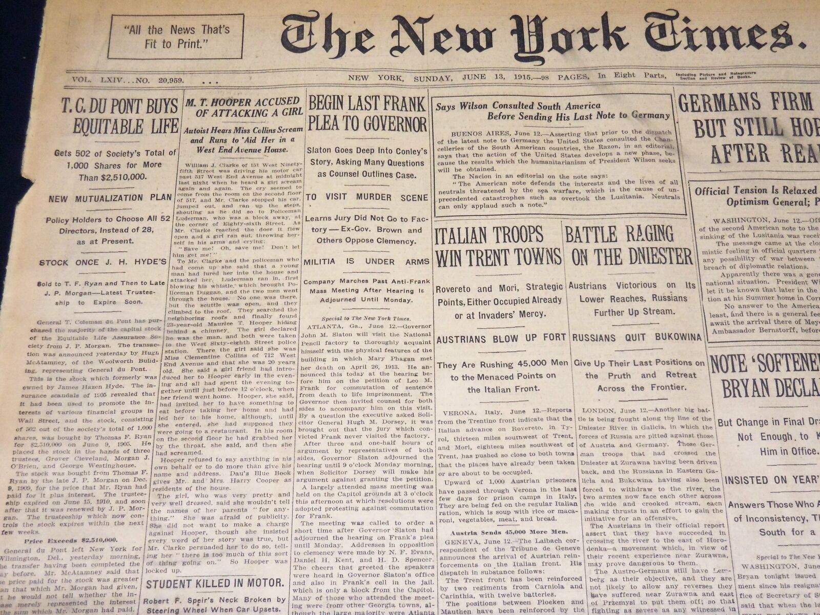 1915 JUNE 13 NEW YORK TIMES NEWSPAPER - DU PONT BUYS EQUITABLE LIFE - NT 7701