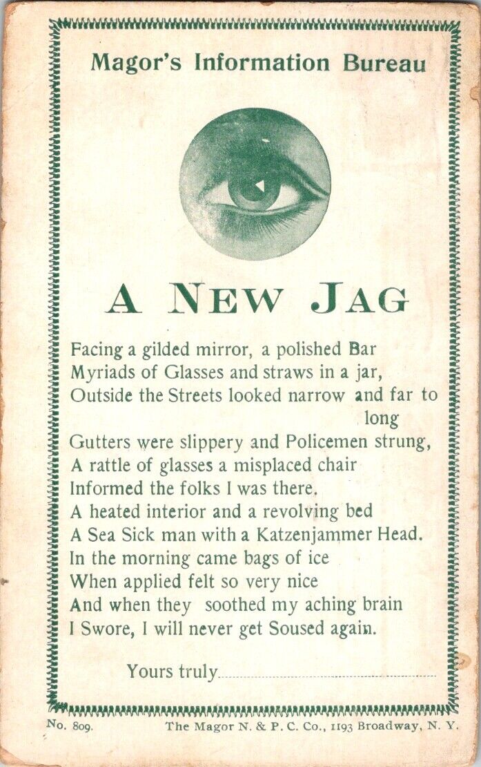 1909 Lover's Eye Magor's Information Bureau Broadway NY Postcard N & PC Antique