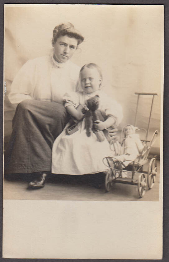 Mother daughter teddy bear book clown & cart RPPC ca 1905